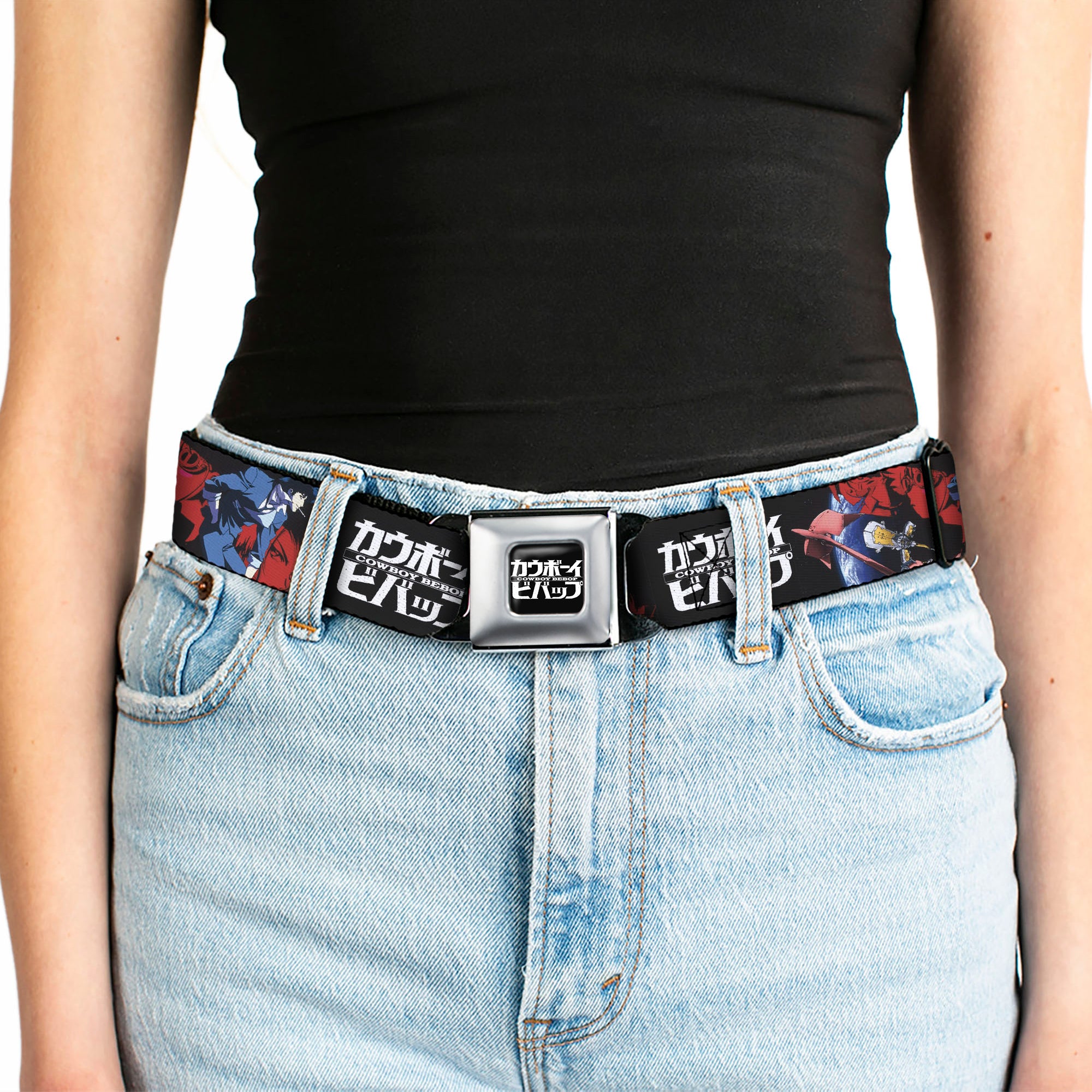 COWBOY BEBOP Title Logo Full Color Black/White Seatbelt Belt - COWBOY BEBOP Spike Pose and Crew Collage and Title Logo Black Webbing Seatbelt Belts Cowboy Bebop