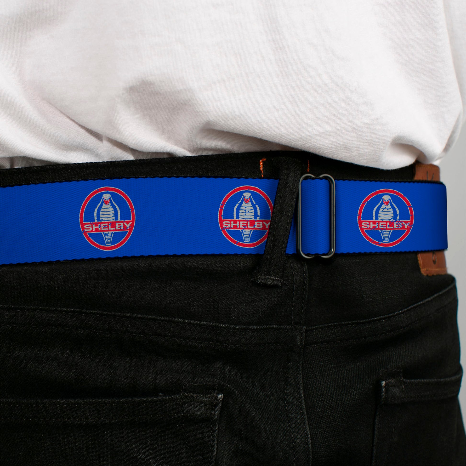 SHELBY Cobra Full Color Black Gray Red Blue Seatbelt Belt - SHELBY Cobra Weathered Blue/Gray/Red Webbing Seatbelt Belts Shelby