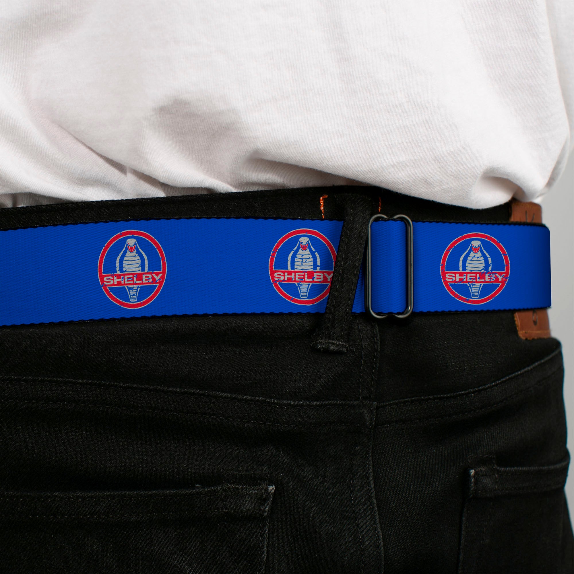 SHELBY Cobra Full Color Black Gray Red Blue Seatbelt Belt - SHELBY Cobra Weathered Blue/Gray/Red Webbing Seatbelt Belts Shelby