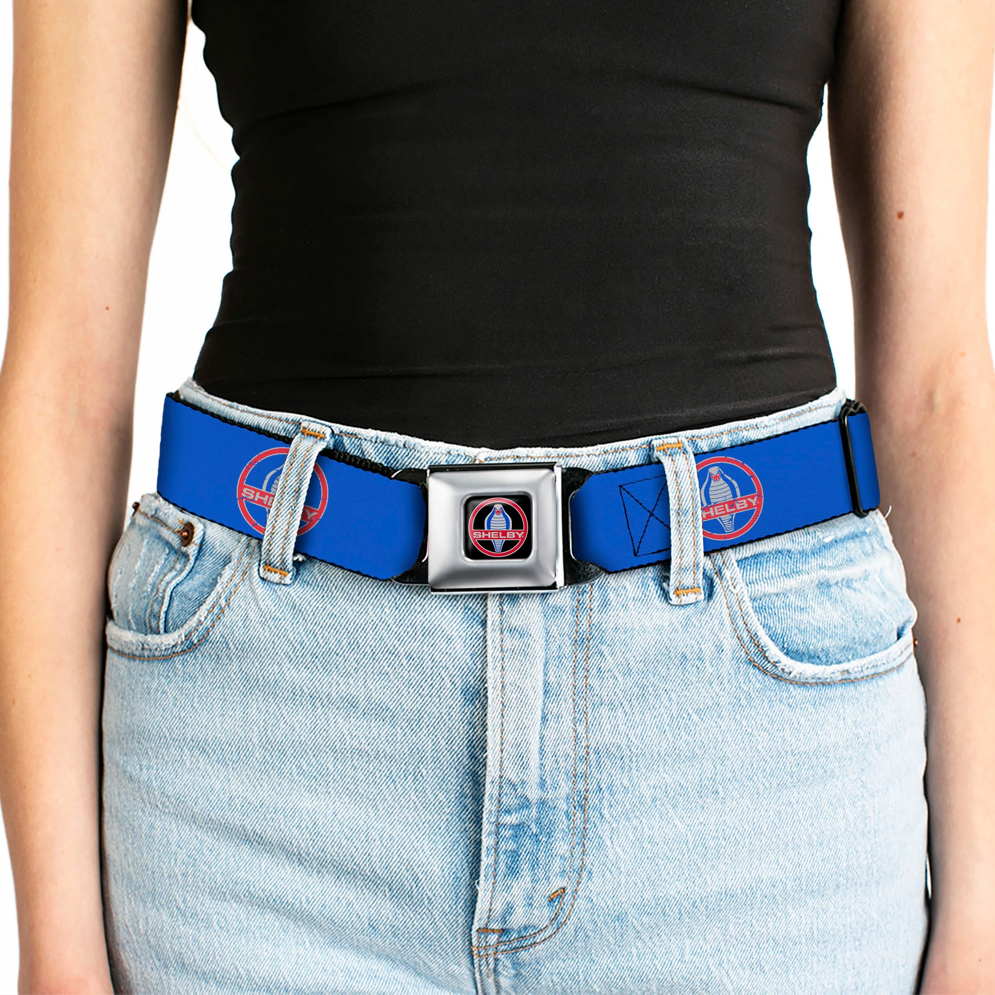 SHELBY Cobra Full Color Black Gray Red Blue Seatbelt Belt - SHELBY Cobra Weathered Blue/Gray/Red Webbing Seatbelt Belts Shelby
