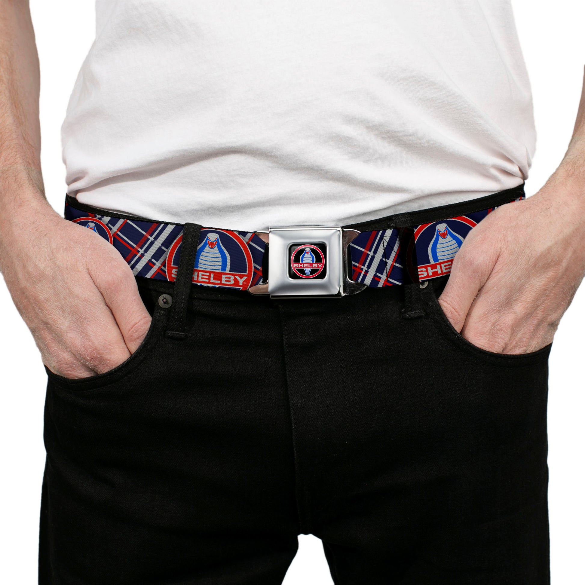 SHELBY Cobra Full Color Black Gray Red Blue Seatbelt Belt - SHELBY Cobra/Plaid X Navy/Gray/Red Webbing Seatbelt Belts Shelby