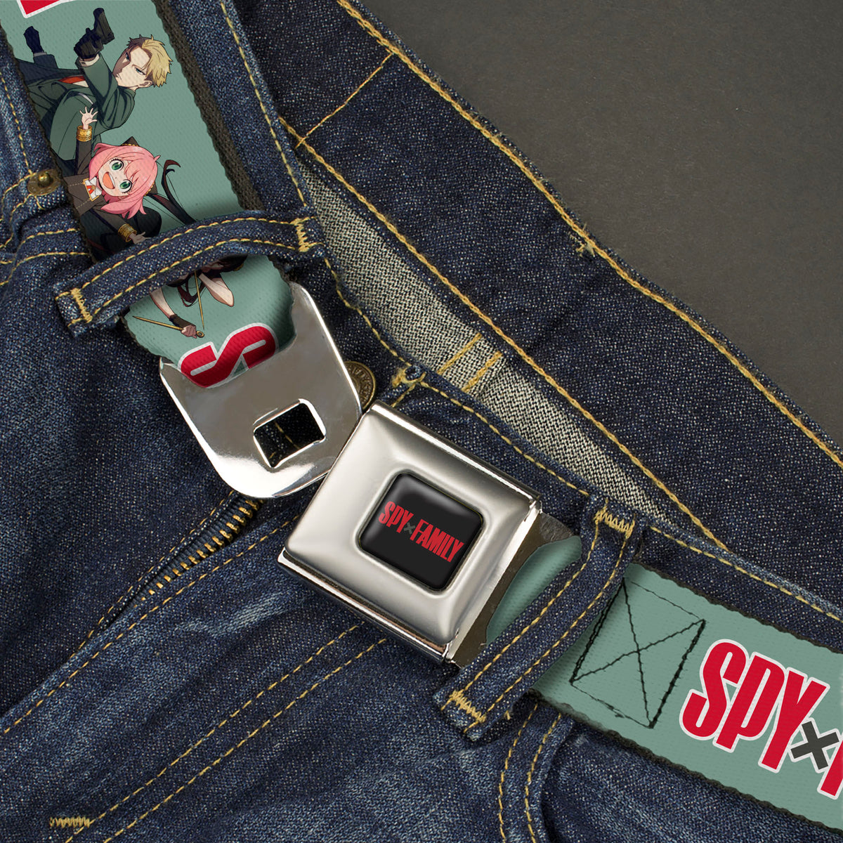 SPY x FAMILY Title Logo Full Color Black/Red Seatbelt Belt - SPY x FAMILY Forger Family Group Action Pose and Title Logo Sage Webbing Seatbelt Belts Spy x Family