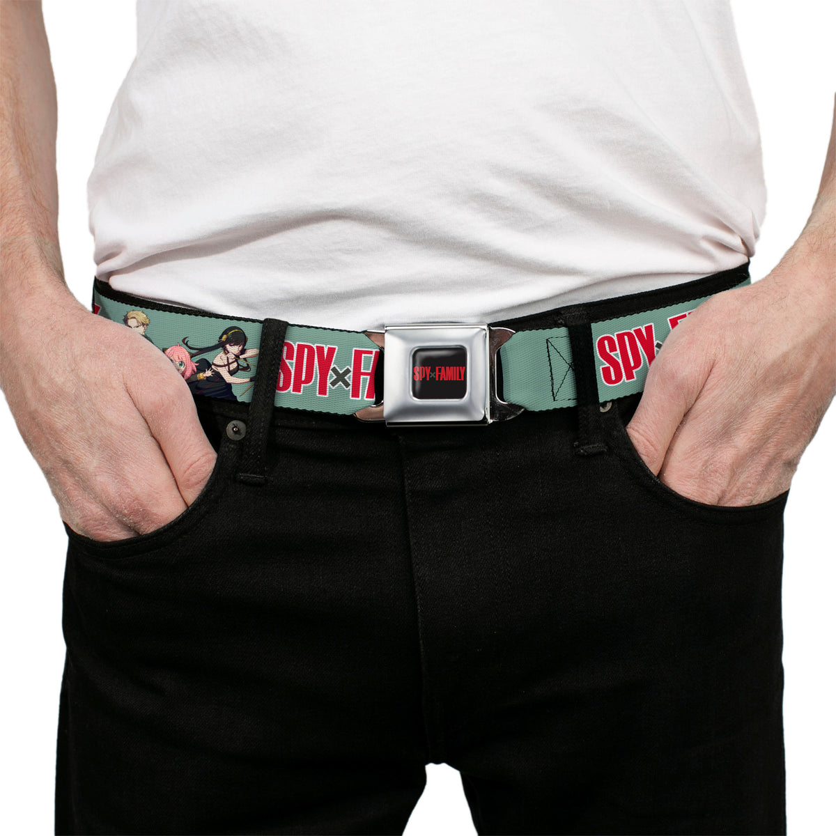SPY x FAMILY Title Logo Full Color Black/Red Seatbelt Belt - SPY x FAMILY Forger Family Group Action Pose and Title Logo Sage Webbing Seatbelt Belts Spy x Family