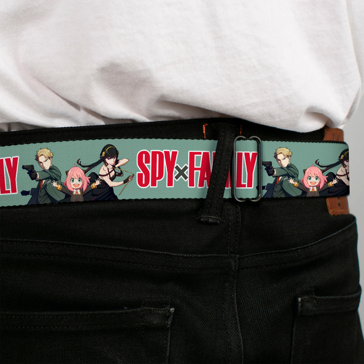 SPY x FAMILY Title Logo Full Color Black/Red Seatbelt Belt - SPY x FAMILY Forger Family Group Action Pose and Title Logo Sage Webbing Seatbelt Belts Spy x Family
