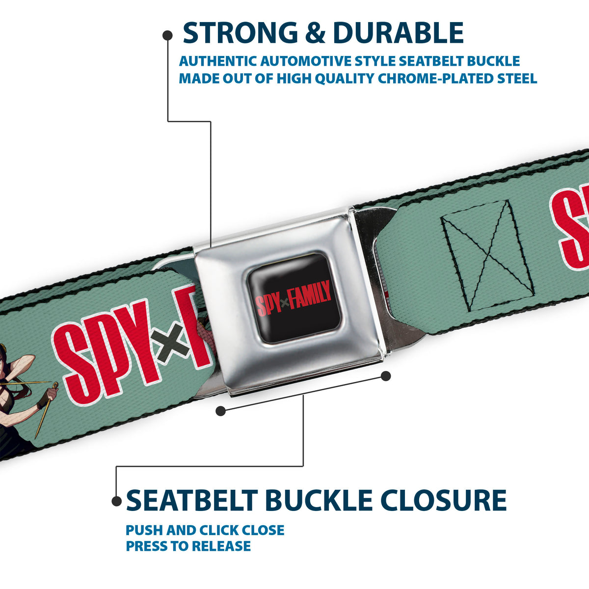 SPY x FAMILY Title Logo Full Color Black/Red Seatbelt Belt - SPY x FAMILY Forger Family Group Action Pose and Title Logo Sage Webbing Seatbelt Belts Spy x Family