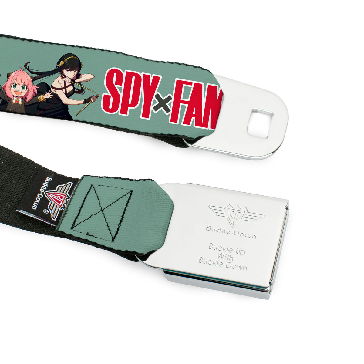 SPY x FAMILY Title Logo Full Color Black/Red Seatbelt Belt - SPY x FAMILY Forger Family Group Action Pose and Title Logo Sage Webbing Seatbelt Belts Spy x Family