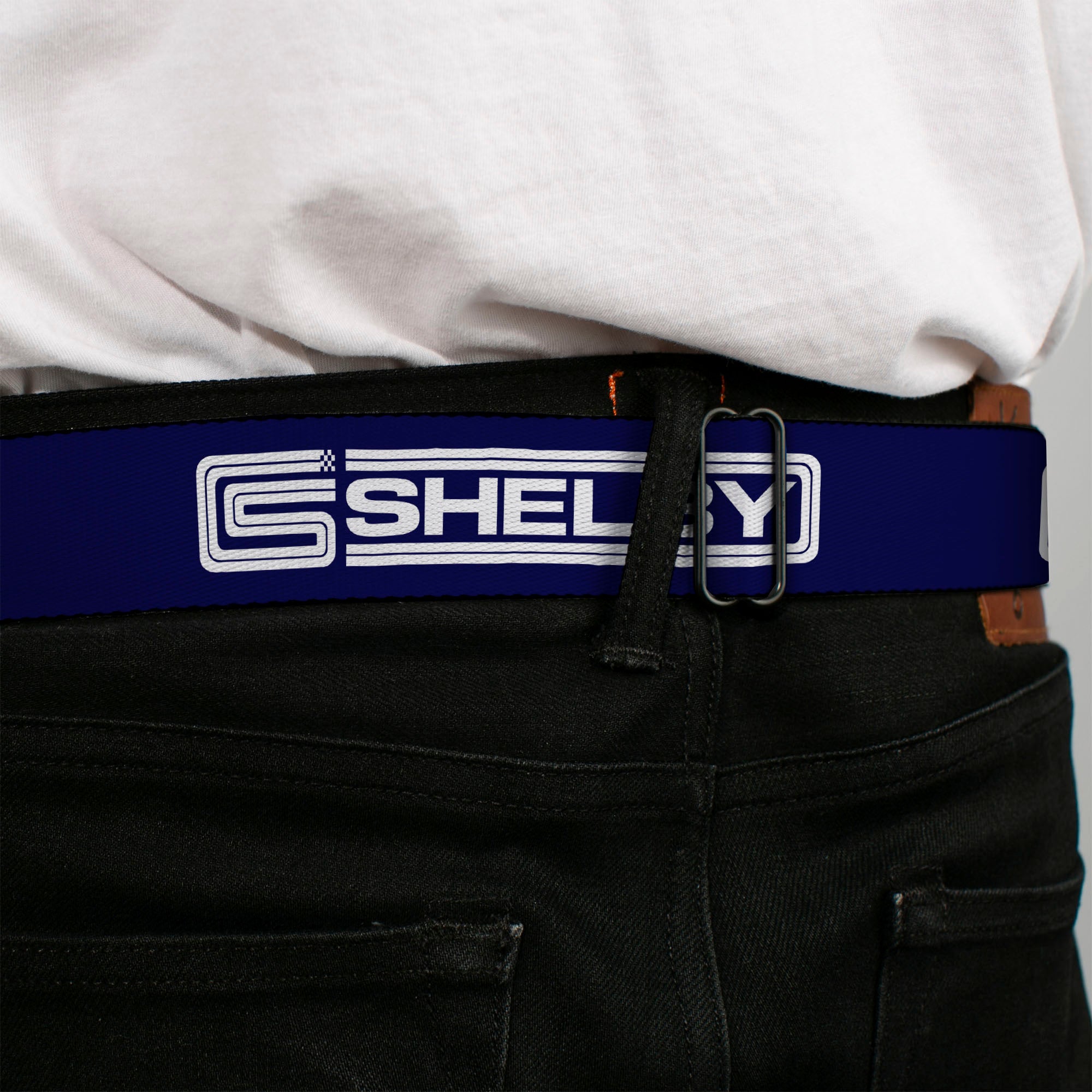 Carroll Shelby CS Racing Logo Full Color Navy/White Seatbelt Belt - Carroll Shelby CS SHELBY Racing Logo Block Navy/White Webbing Seatbelt Belts Shelby