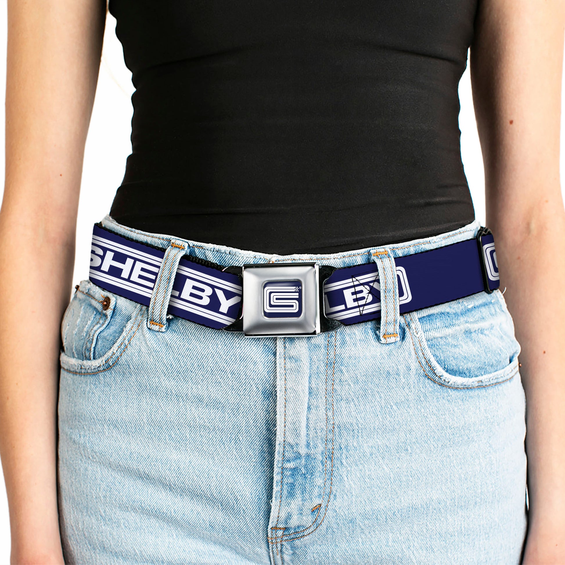 Carroll Shelby CS Racing Logo Full Color Navy/White Seatbelt Belt - Carroll Shelby CS SHELBY Racing Logo Block Navy/White Webbing Seatbelt Belts Shelby