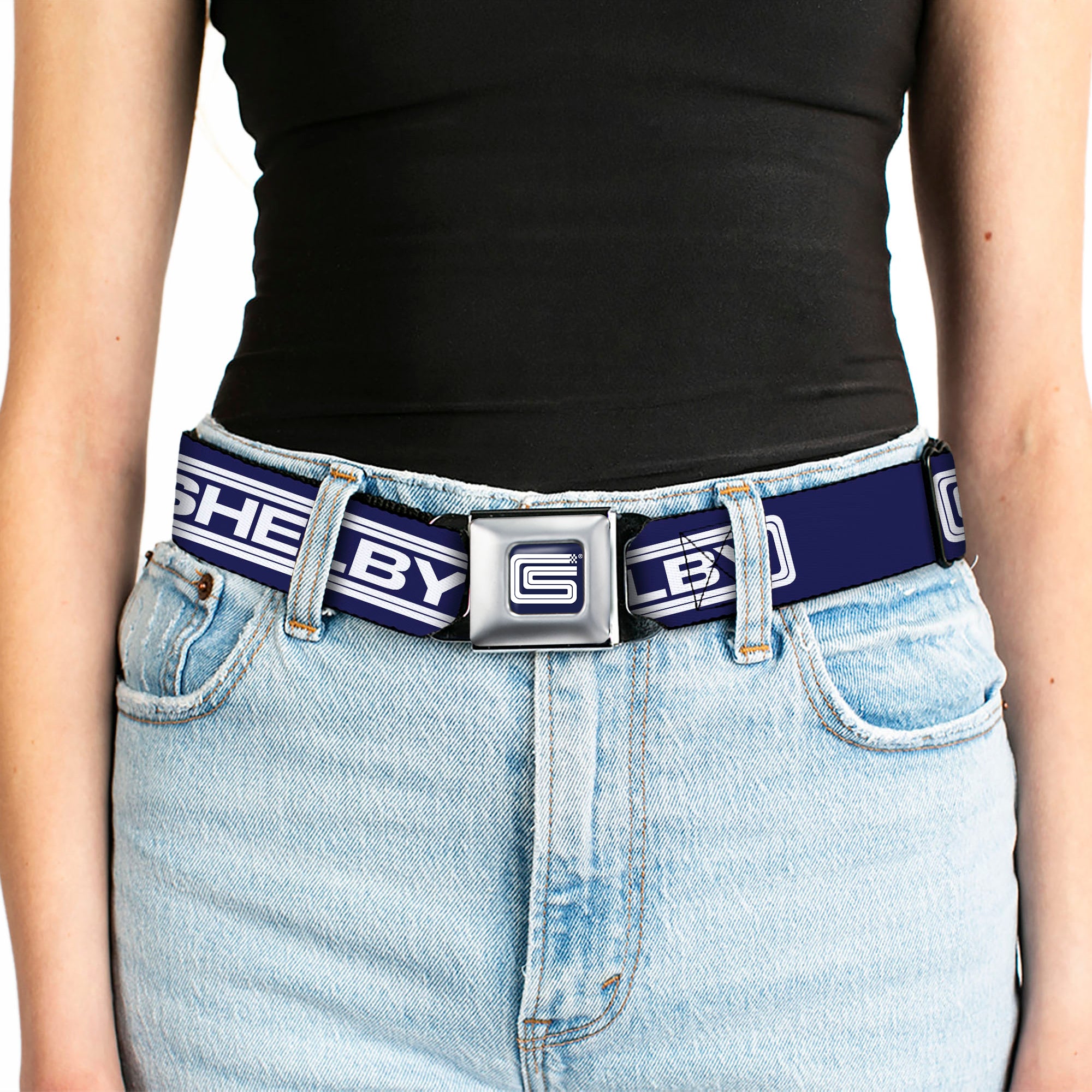 Carroll Shelby CS Racing Logo Full Color Navy/White Seatbelt Belt - Carroll Shelby CS SHELBY Racing Logo Block Navy/White Webbing Seatbelt Belts Shelby