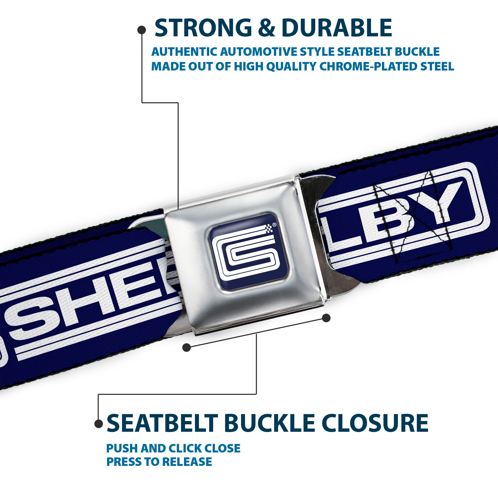 Carroll Shelby CS Racing Logo Full Color Navy/White Seatbelt Belt - Carroll Shelby CS SHELBY Racing Logo Block Navy/White Webbing Seatbelt Belts Shelby
