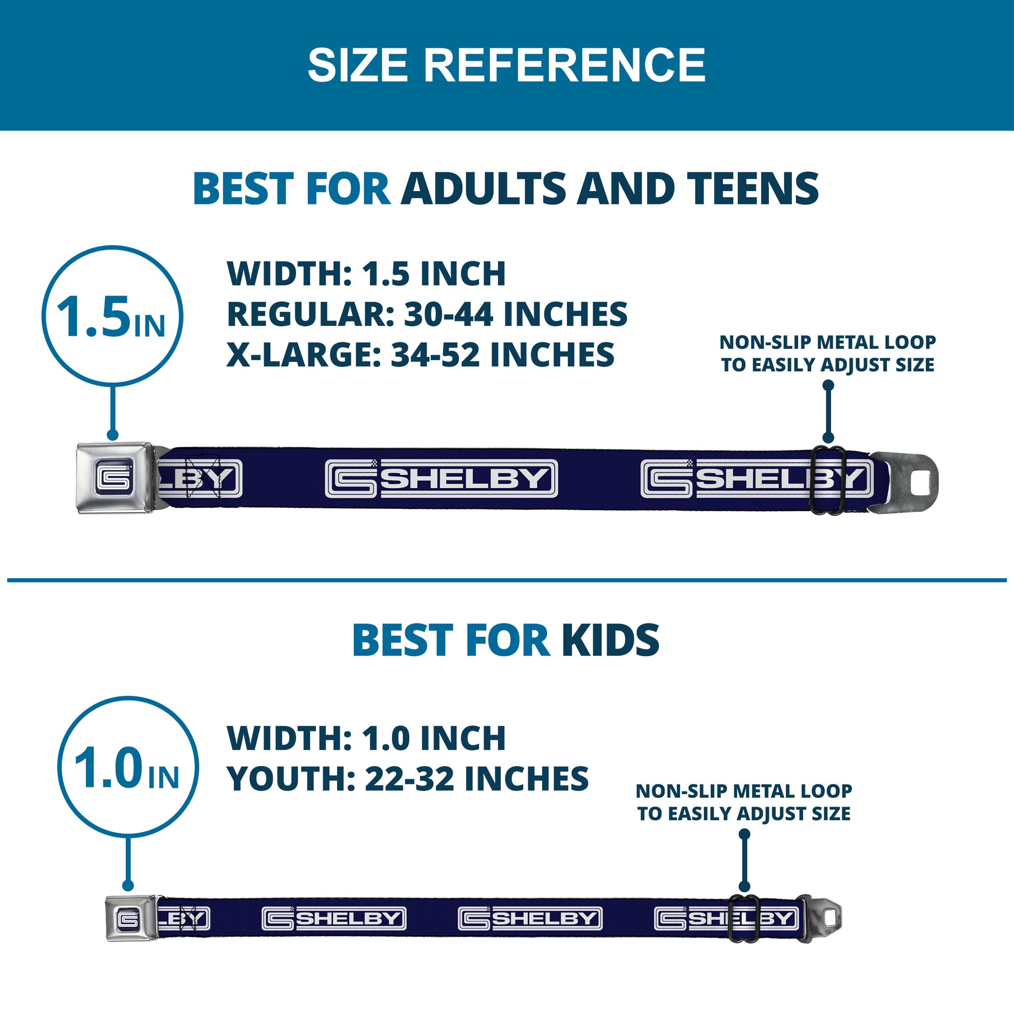 Carroll Shelby CS Racing Logo Full Color Navy/White Seatbelt Belt - Carroll Shelby CS SHELBY Racing Logo Block Navy/White Webbing Seatbelt Belts Shelby