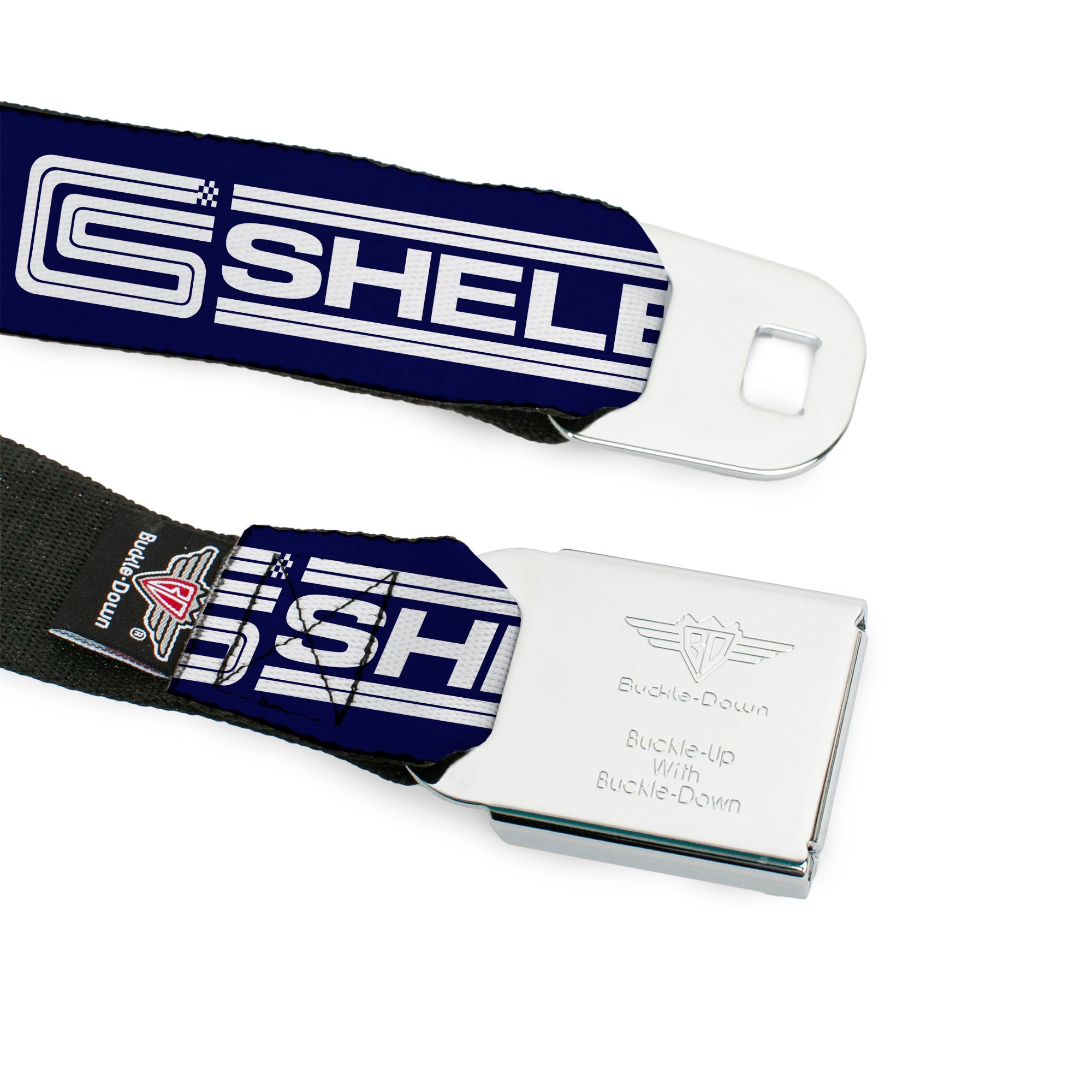 Carroll Shelby CS Racing Logo Full Color Navy/White Seatbelt Belt - Carroll Shelby CS SHELBY Racing Logo Block Navy/White Webbing Seatbelt Belts Shelby