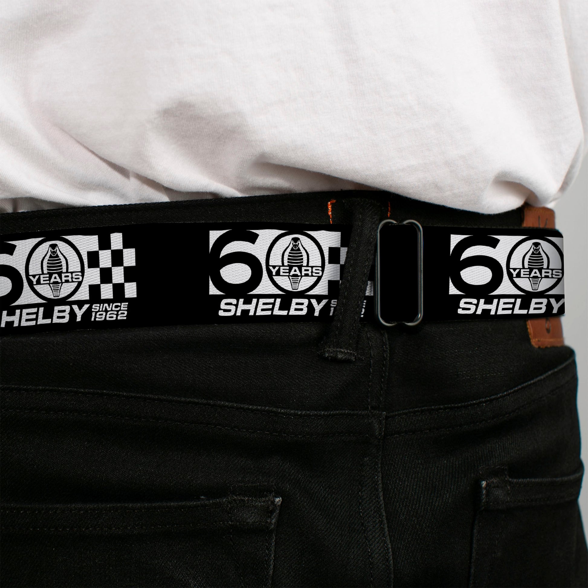 SHELBY Tiffany Split Full Color Black/White Seatbelt Belt - SHELBY 60 YEARS SINCE 1962 Checker Black/White Webbing Seatbelt Belts Shelby