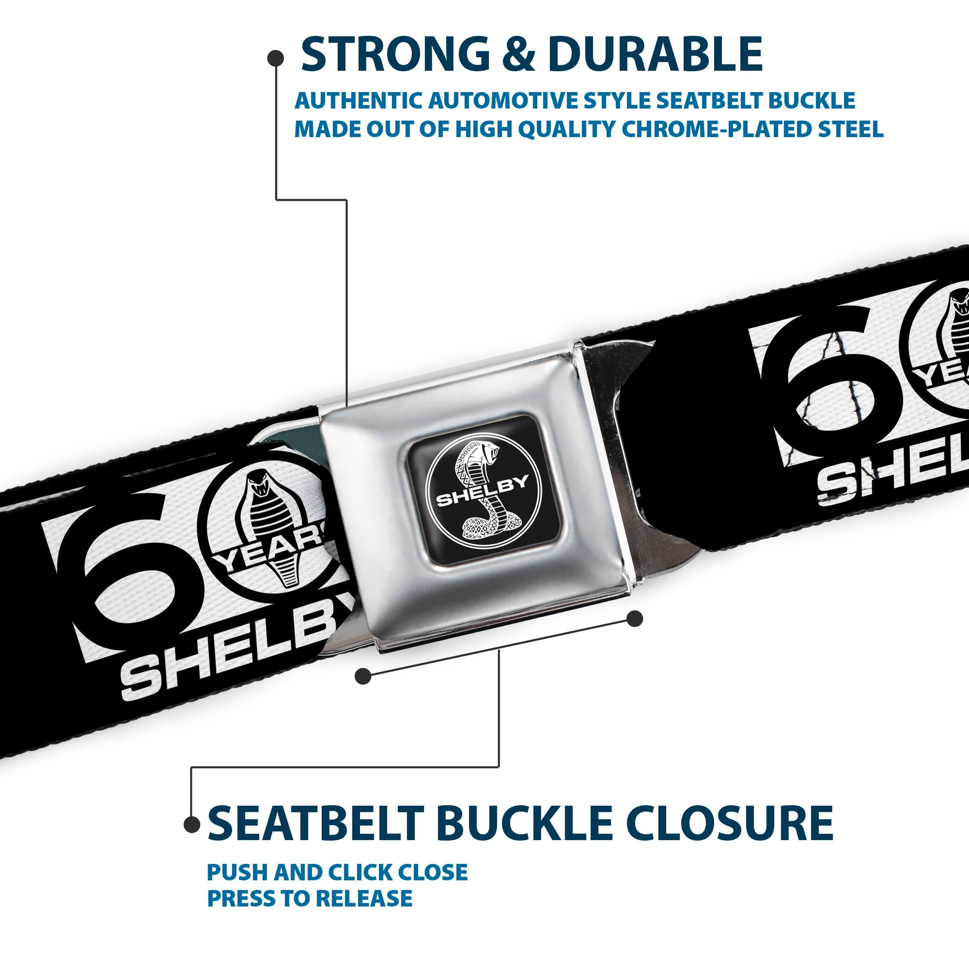 SHELBY Tiffany Split Full Color Black/White Seatbelt Belt - SHELBY 60 YEARS SINCE 1962 Checker Black/White Webbing Seatbelt Belts Shelby