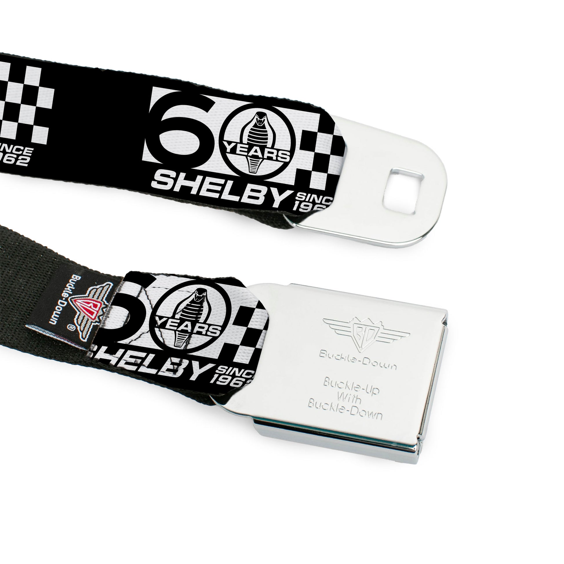 SHELBY Tiffany Split Full Color Black/White Seatbelt Belt - SHELBY 60 YEARS SINCE 1962 Checker Black/White Webbing Seatbelt Belts Shelby