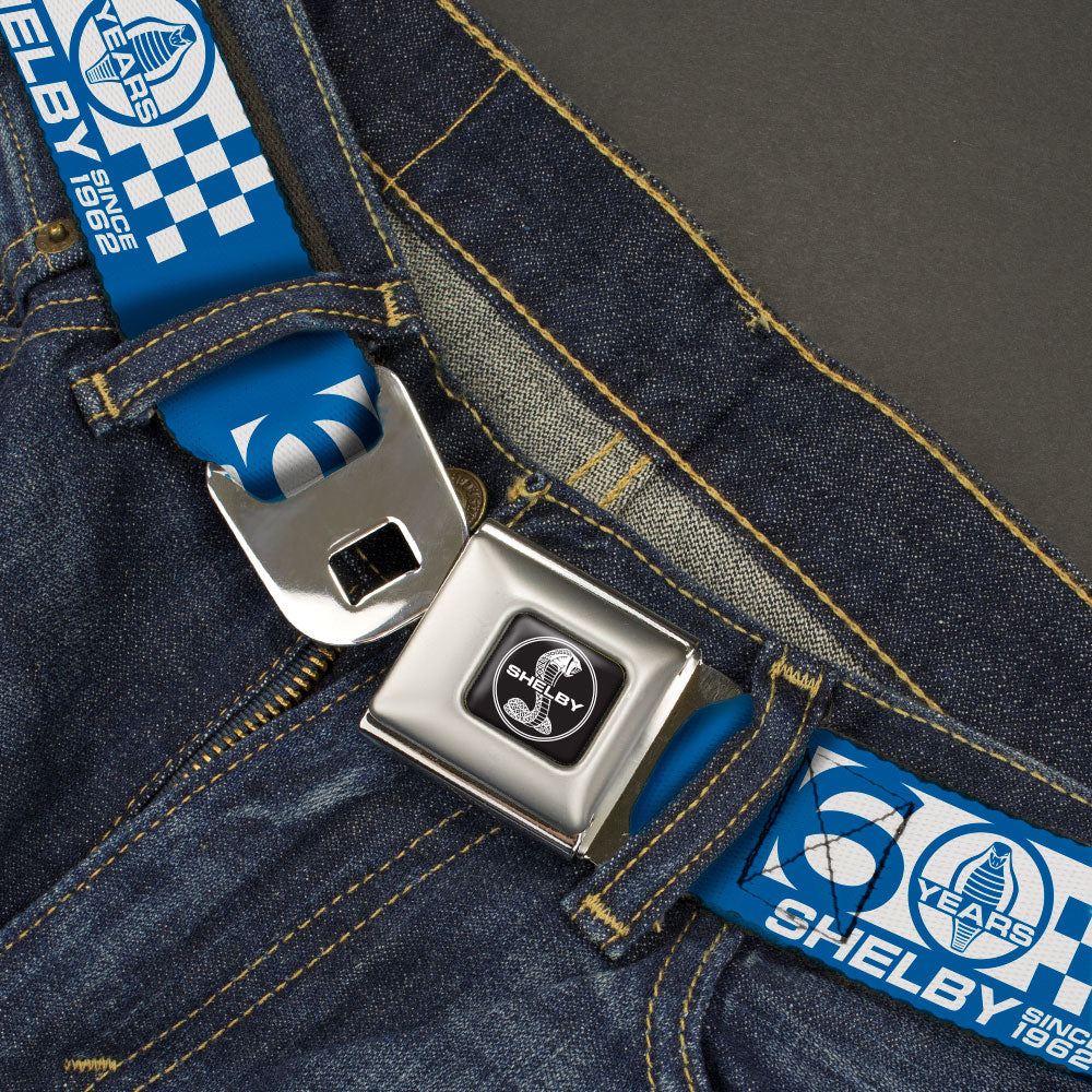 SHELBY Tiffany Split Full Color Black/White Seatbelt Belt - SHELBY 60 YEARS SINCE 1962 Checker Blue/White Webbing Seatbelt Belts Shelby