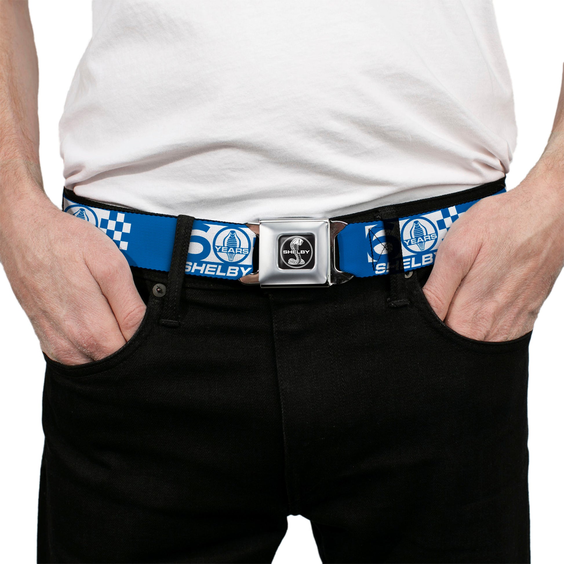 SHELBY Tiffany Split Full Color Black/White Seatbelt Belt - SHELBY 60 YEARS SINCE 1962 Checker Blue/White Webbing Seatbelt Belts Shelby