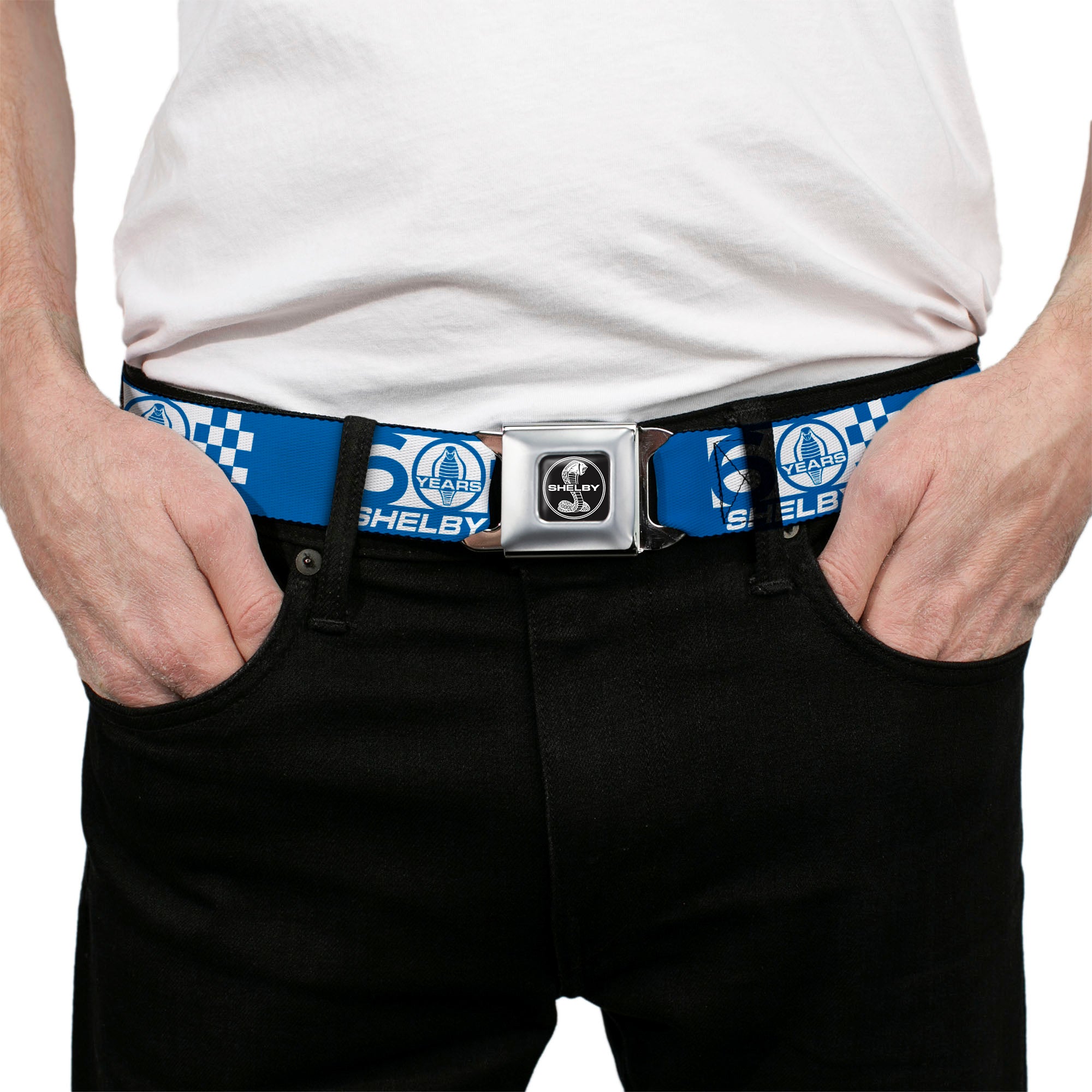 SHELBY Tiffany Split Full Color Black/White Seatbelt Belt - SHELBY 60 YEARS SINCE 1962 Checker Blue/White Webbing Seatbelt Belts Shelby