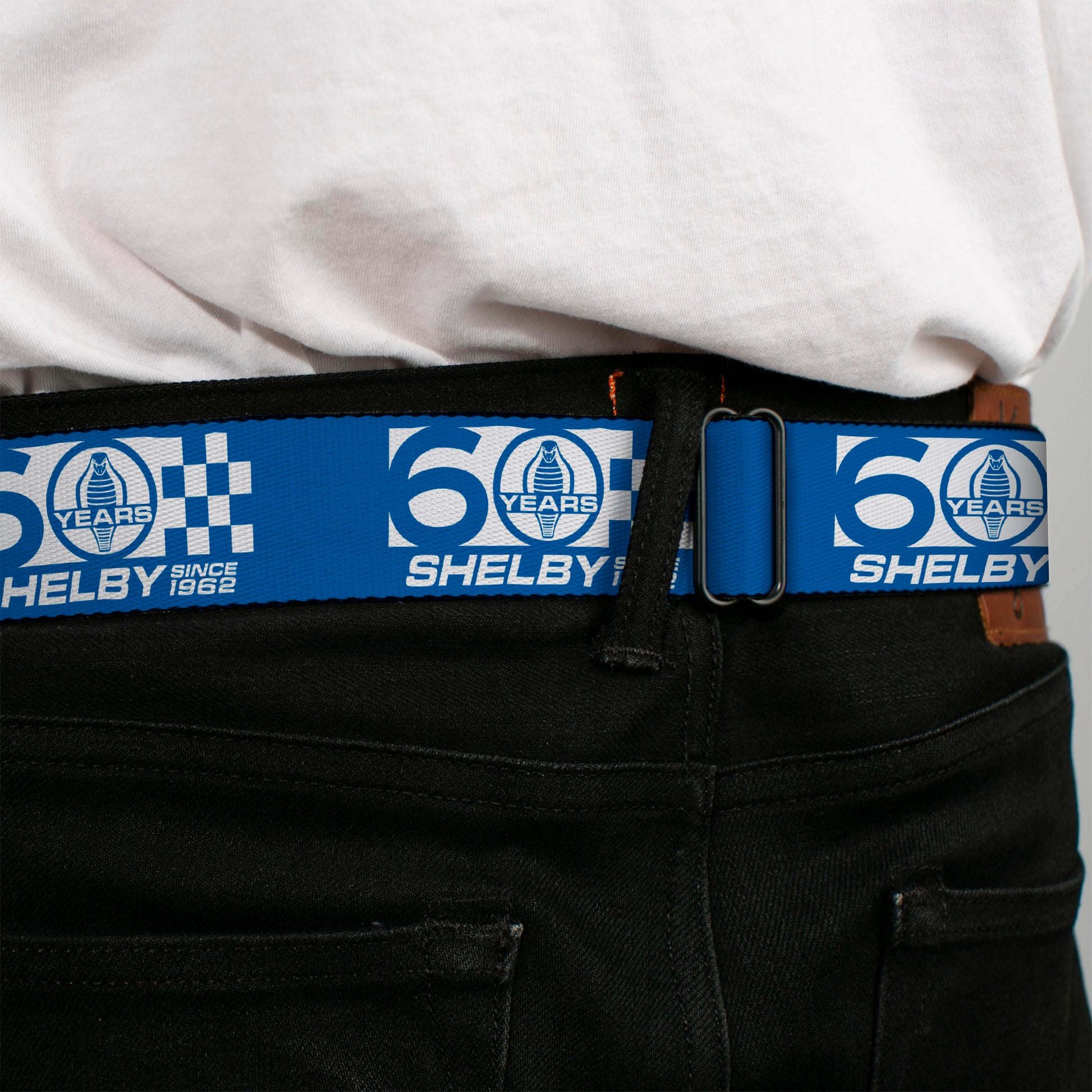 SHELBY Tiffany Split Full Color Black/White Seatbelt Belt - SHELBY 60 YEARS SINCE 1962 Checker Blue/White Webbing Seatbelt Belts Shelby