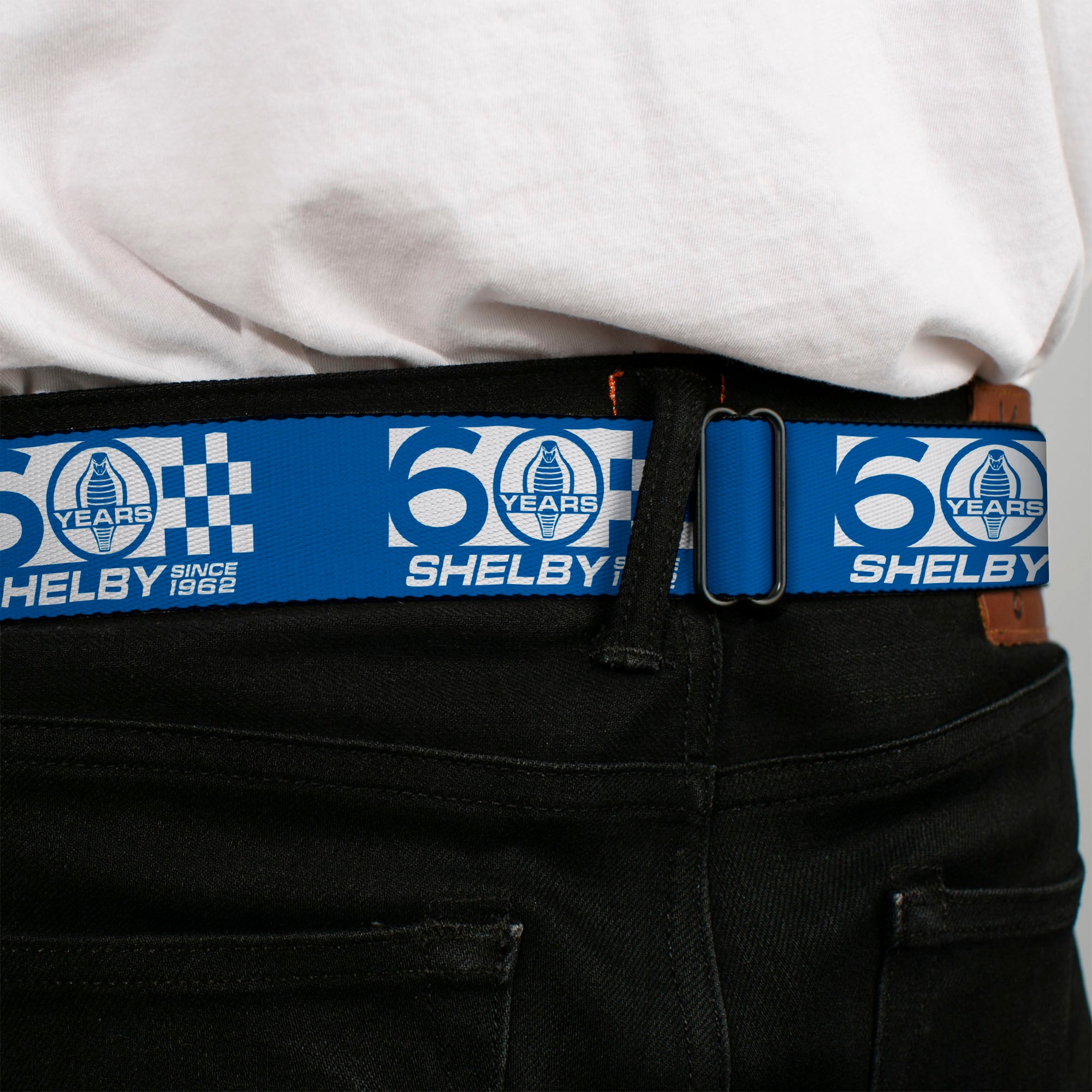 SHELBY Tiffany Split Full Color Black/White Seatbelt Belt - SHELBY 60 YEARS SINCE 1962 Checker Blue/White Webbing Seatbelt Belts Shelby