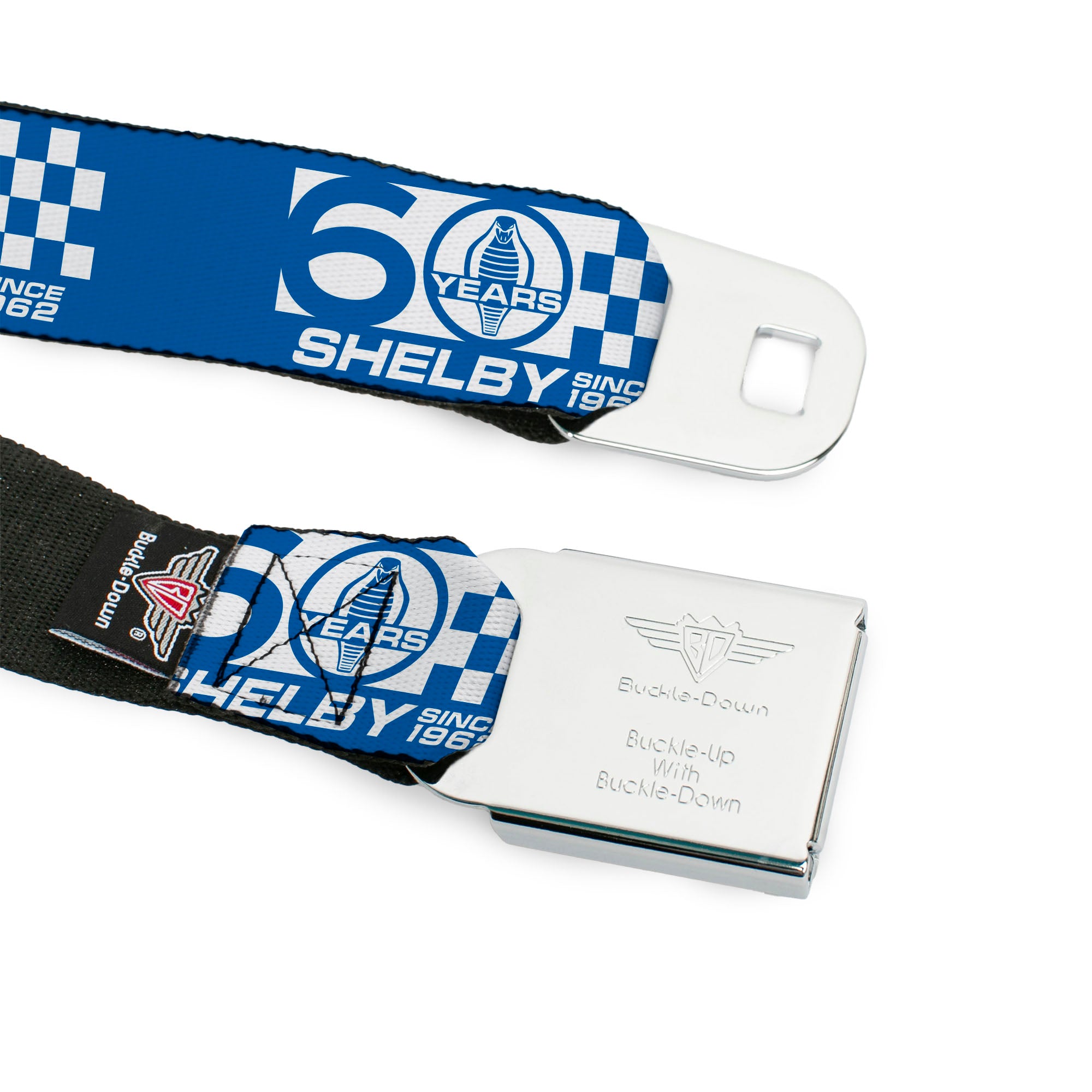 SHELBY Tiffany Split Full Color Black/White Seatbelt Belt - SHELBY 60 YEARS SINCE 1962 Checker Blue/White Webbing Seatbelt Belts Shelby