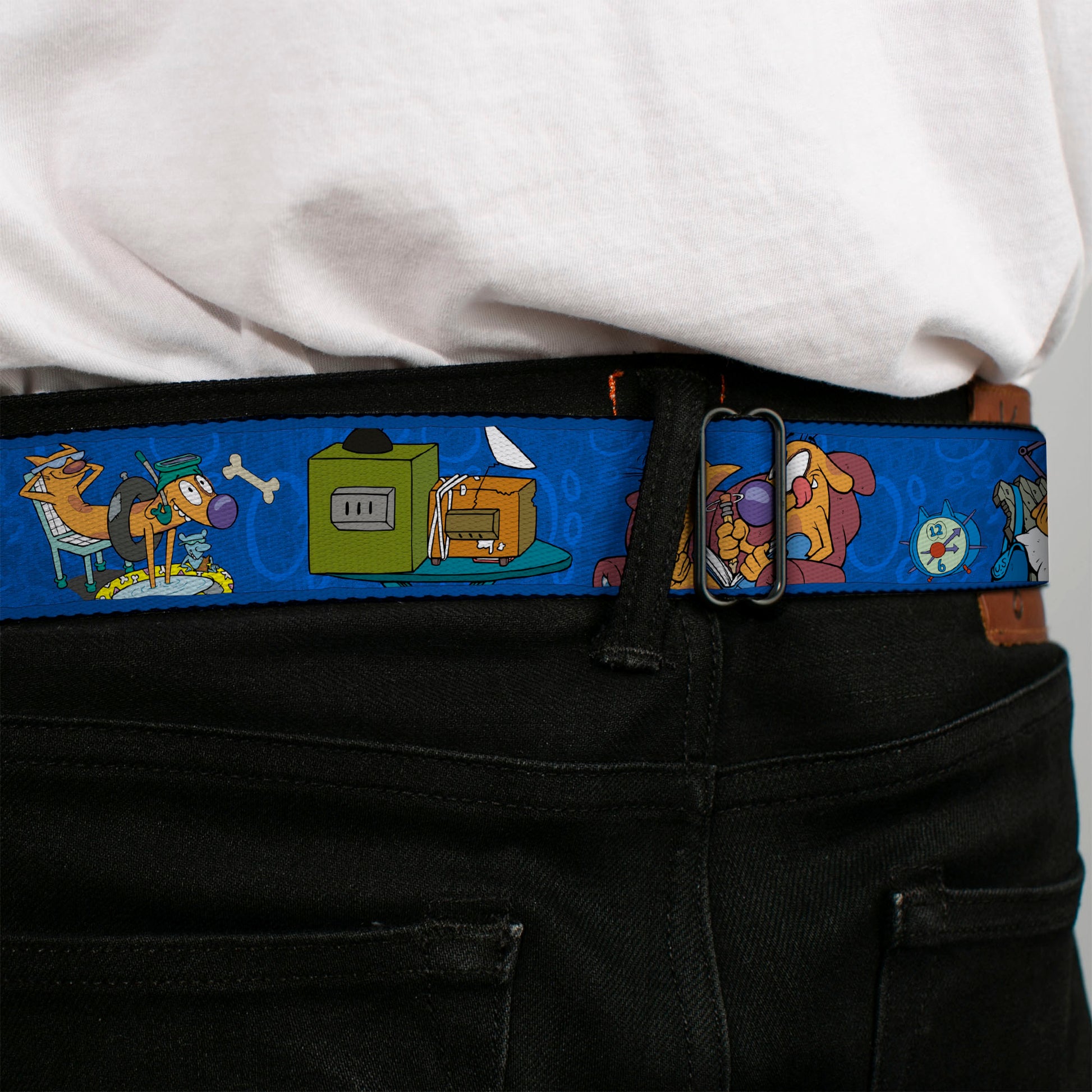 CAT DOG Logo Full Color Black/Yellow/Red/Blue Seatbelt Belt - CatDog Hanging Out Poses Blue Webbing Seatbelt Belts CatDog