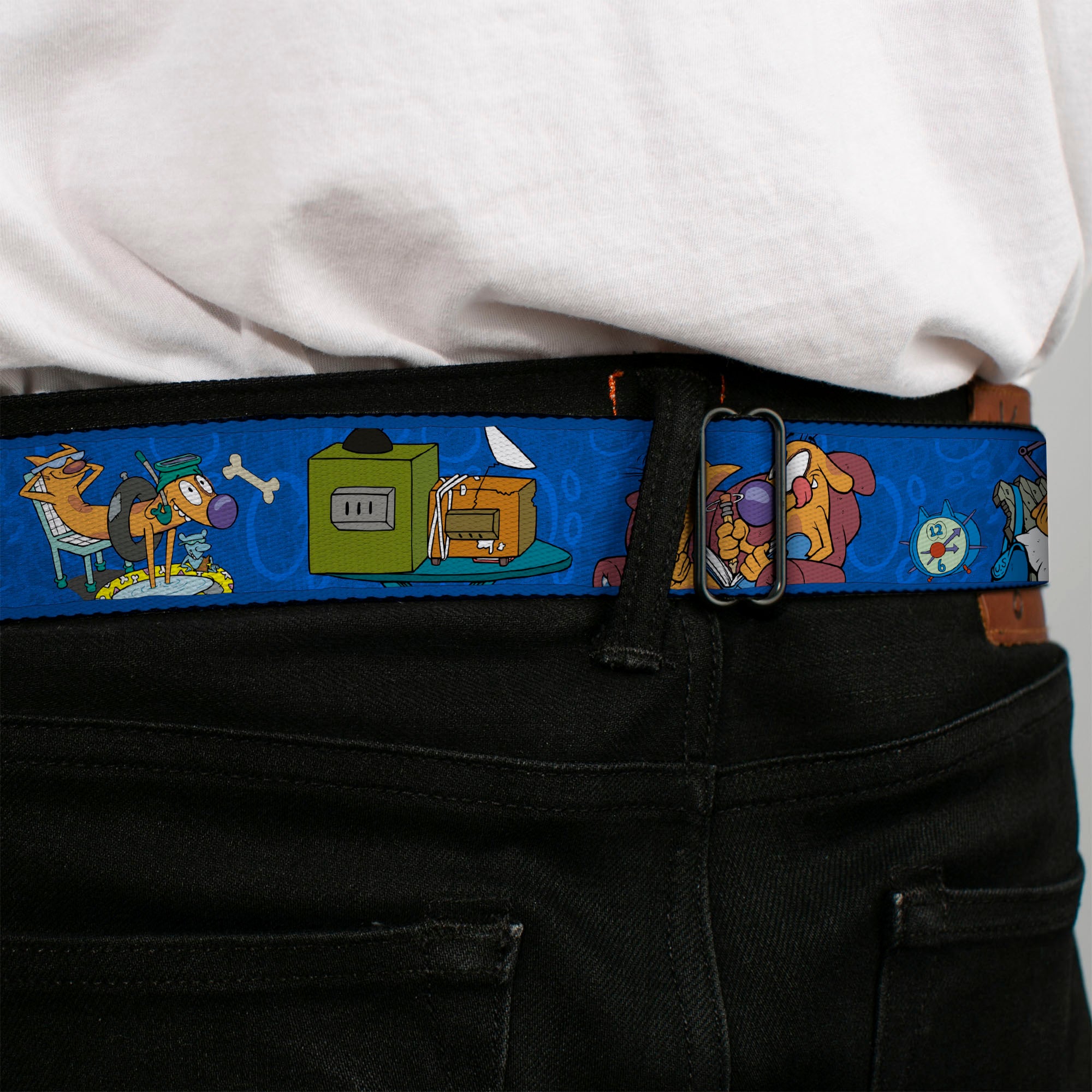 CAT DOG Logo Full Color Black/Yellow/Red/Blue Seatbelt Belt - CatDog Hanging Out Poses Blue Webbing Seatbelt Belts CatDog