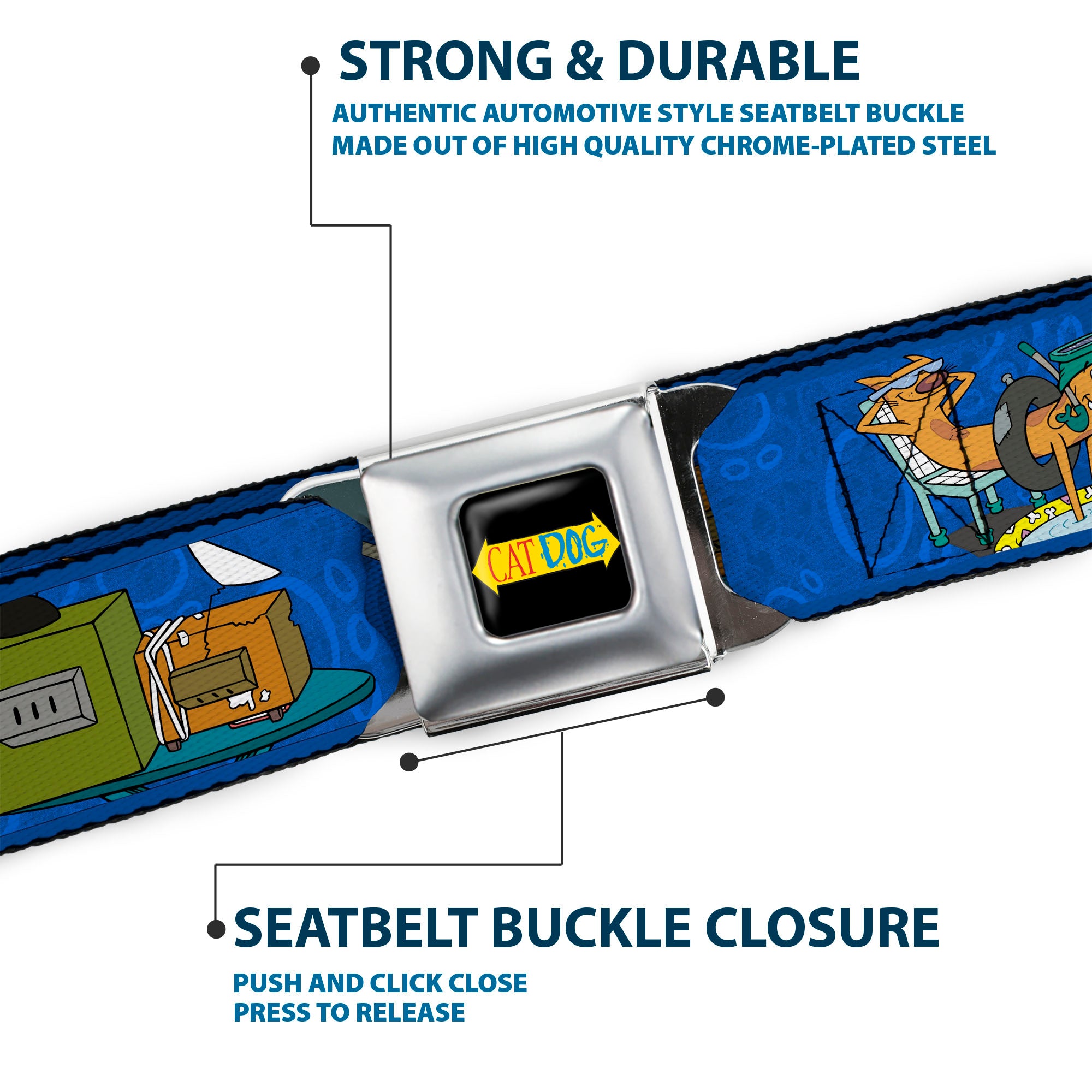 CAT DOG Logo Full Color Black/Yellow/Red/Blue Seatbelt Belt - CatDog Hanging Out Poses Blue Webbing Seatbelt Belts CatDog