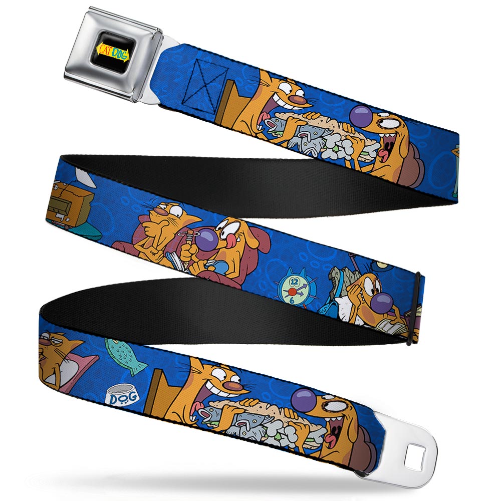 CAT DOG Logo Full Color Black/Yellow/Red/Blue Seatbelt Belt - CatDog Hanging Out Poses Blue Webbing Seatbelt Belts CatDog