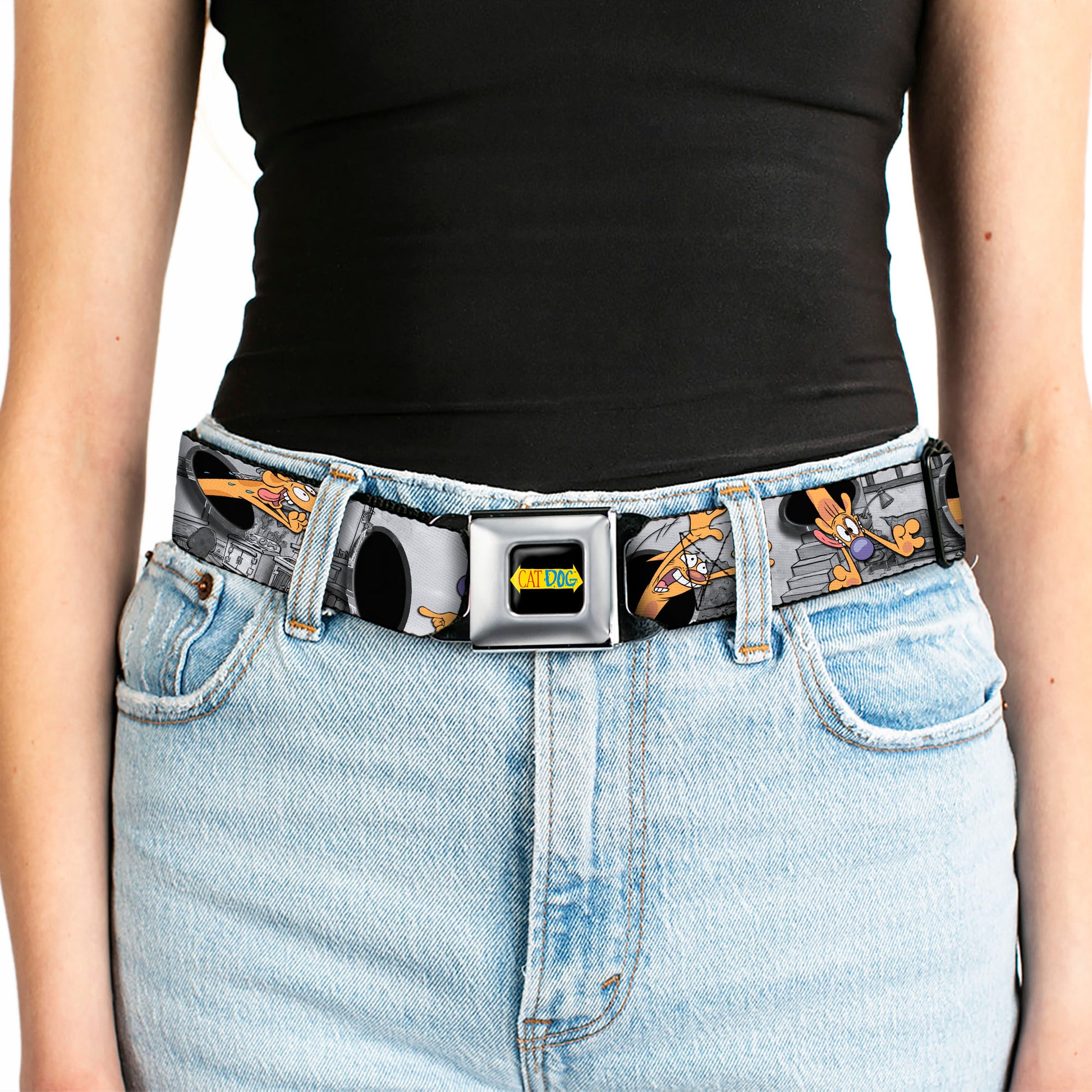 CAT DOG Logo Full Color Black/Yellow/Red/Blue Seatbelt Belt - CatDog House Poses Grays Webbing Seatbelt Belts CatDog