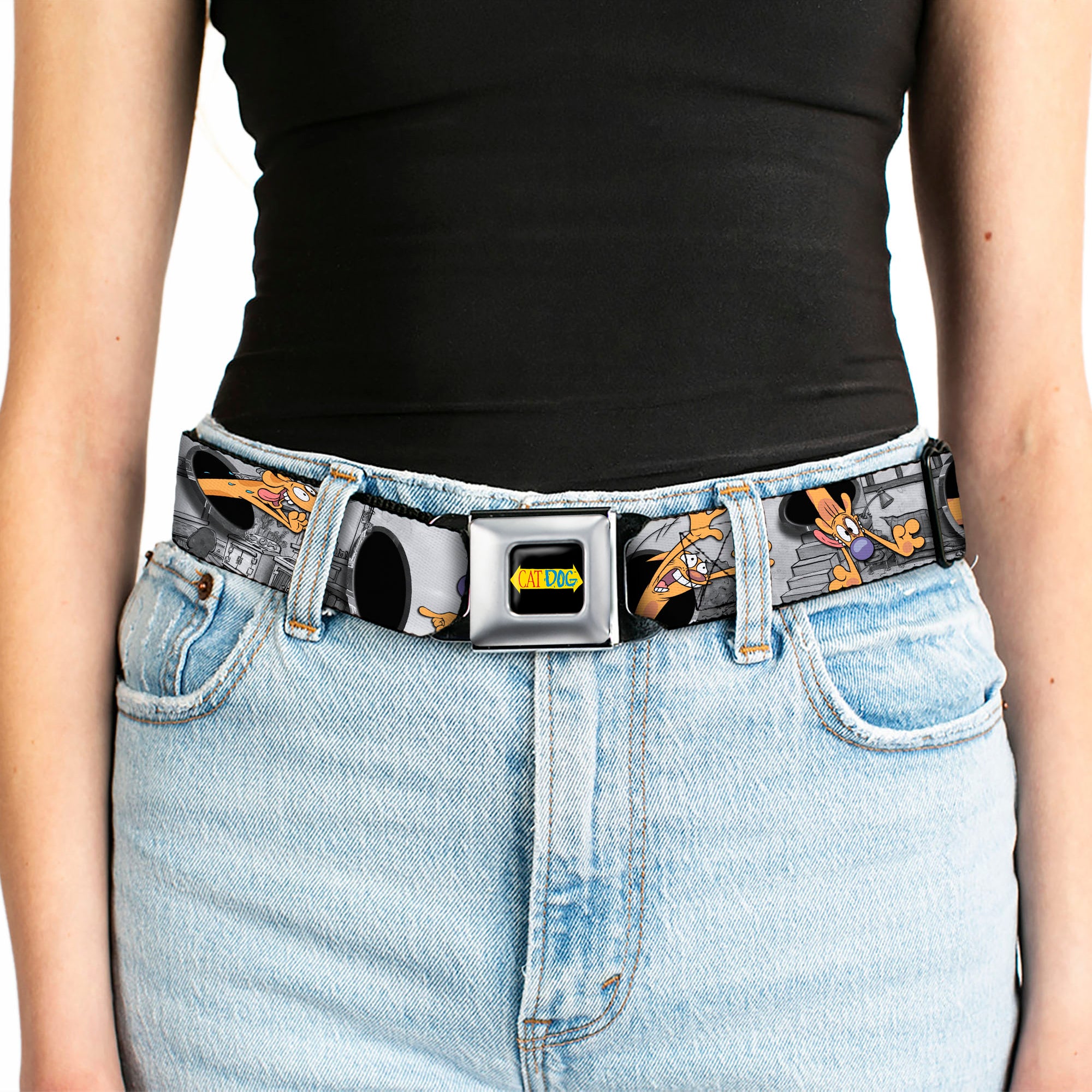 CAT DOG Logo Full Color Black/Yellow/Red/Blue Seatbelt Belt - CatDog House Poses Grays Webbing Seatbelt Belts CatDog