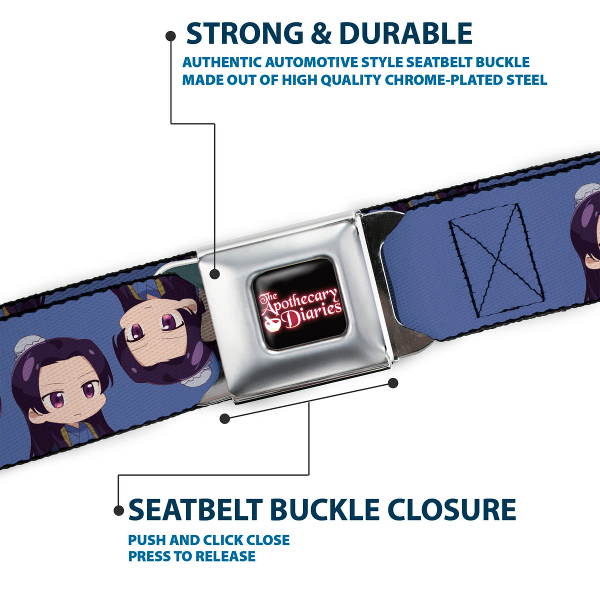 THE APOTHECARY DIARIES Title Logo Full Color Black/Red/White Seatbelt Belt - The Apothecary Diaries Chibi Jinshi Flip Pose Blue Webbing Seatbelt Belts The Apothecary Diaries