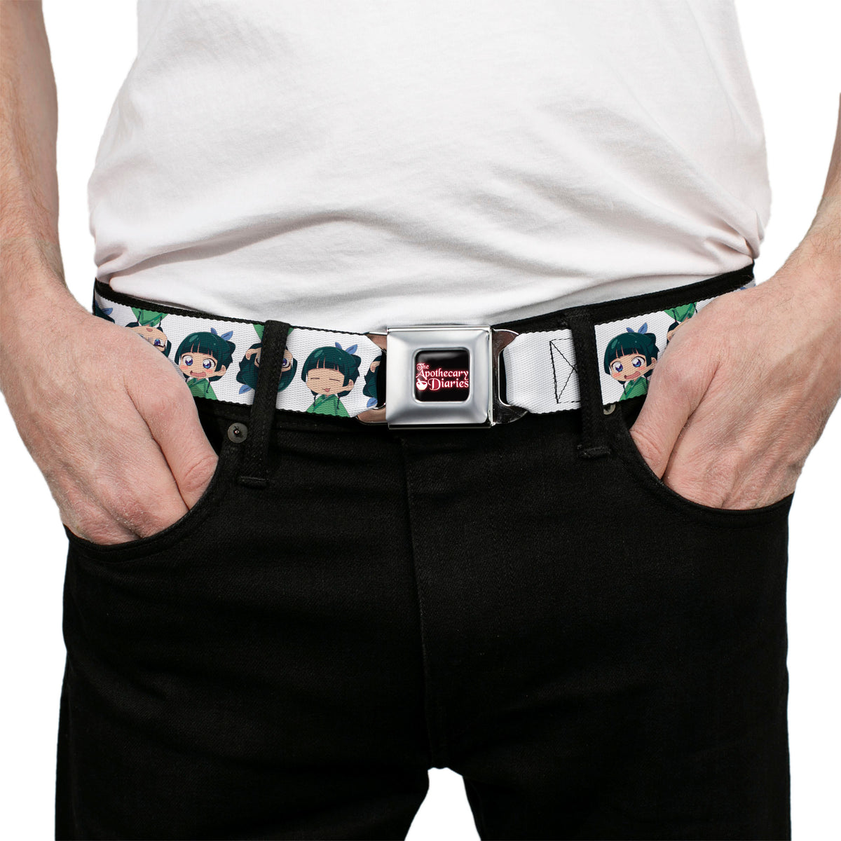 THE APOTHECARY DIARIES Title Logo Full Color Black/Red/White Seatbelt Belt - The Apothecary Diaries Chibi Maomao Expressions Flip White Webbing Seatbelt Belts The Apothecary Diaries