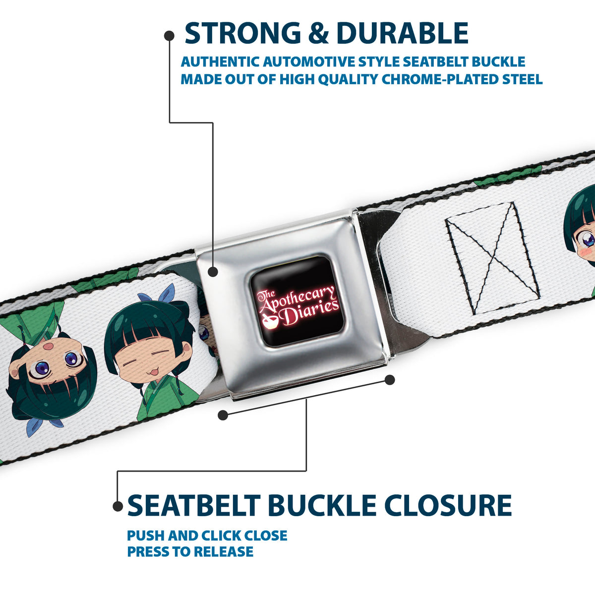 THE APOTHECARY DIARIES Title Logo Full Color Black/Red/White Seatbelt Belt - The Apothecary Diaries Chibi Maomao Expressions Flip White Webbing Seatbelt Belts The Apothecary Diaries