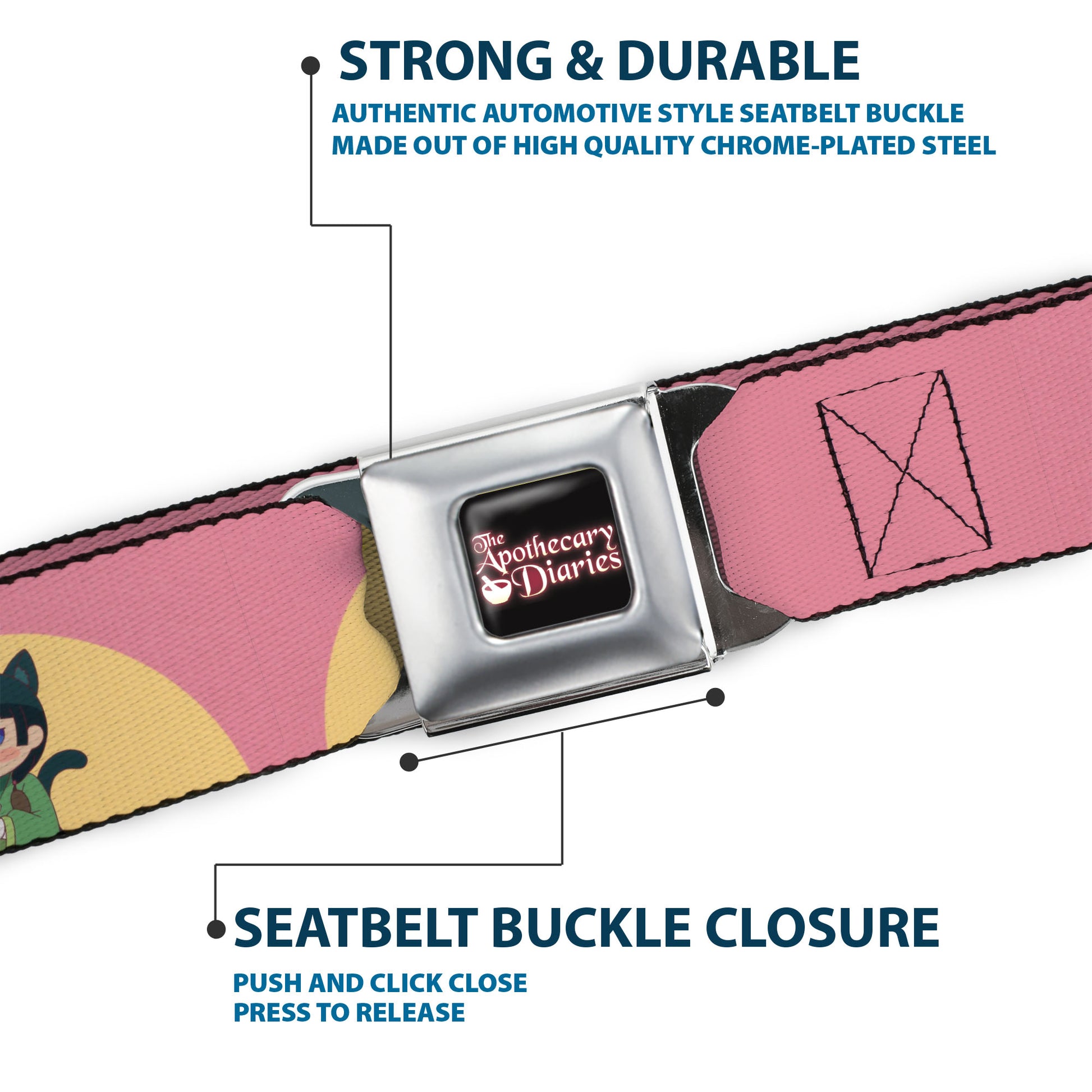 THE APOTHECARY DIARIES Title Logo Full Color Black/Red/White Seatbelt Belt - The Apothecary Diaries Chibi Maomao Cat Pose Pink/Yellow Webbing Seatbelt Belts The Apothecary Diaries