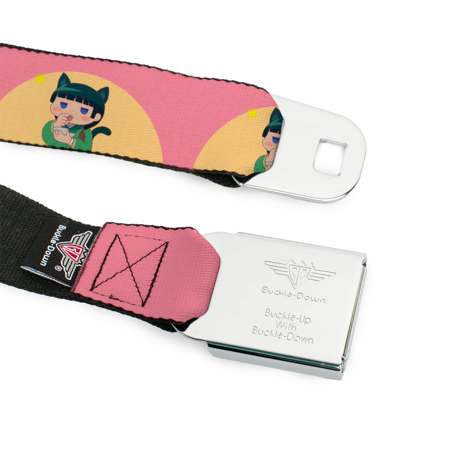 THE APOTHECARY DIARIES Title Logo Full Color Black/Red/White Seatbelt Belt - The Apothecary Diaries Chibi Maomao Cat Pose Pink/Yellow Webbing Seatbelt Belts The Apothecary Diaries