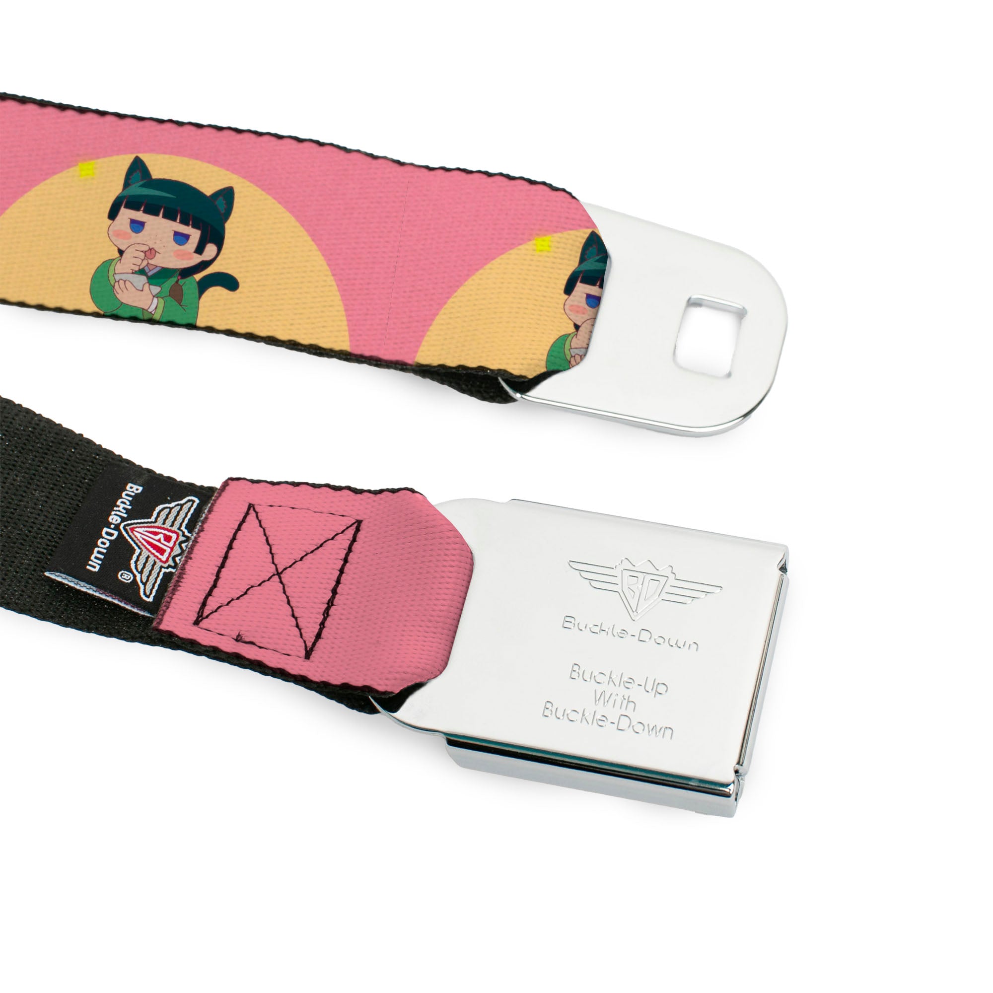 THE APOTHECARY DIARIES Title Logo Full Color Black/Red/White Seatbelt Belt - The Apothecary Diaries Chibi Maomao Cat Pose Pink/Yellow Webbing Seatbelt Belts The Apothecary Diaries