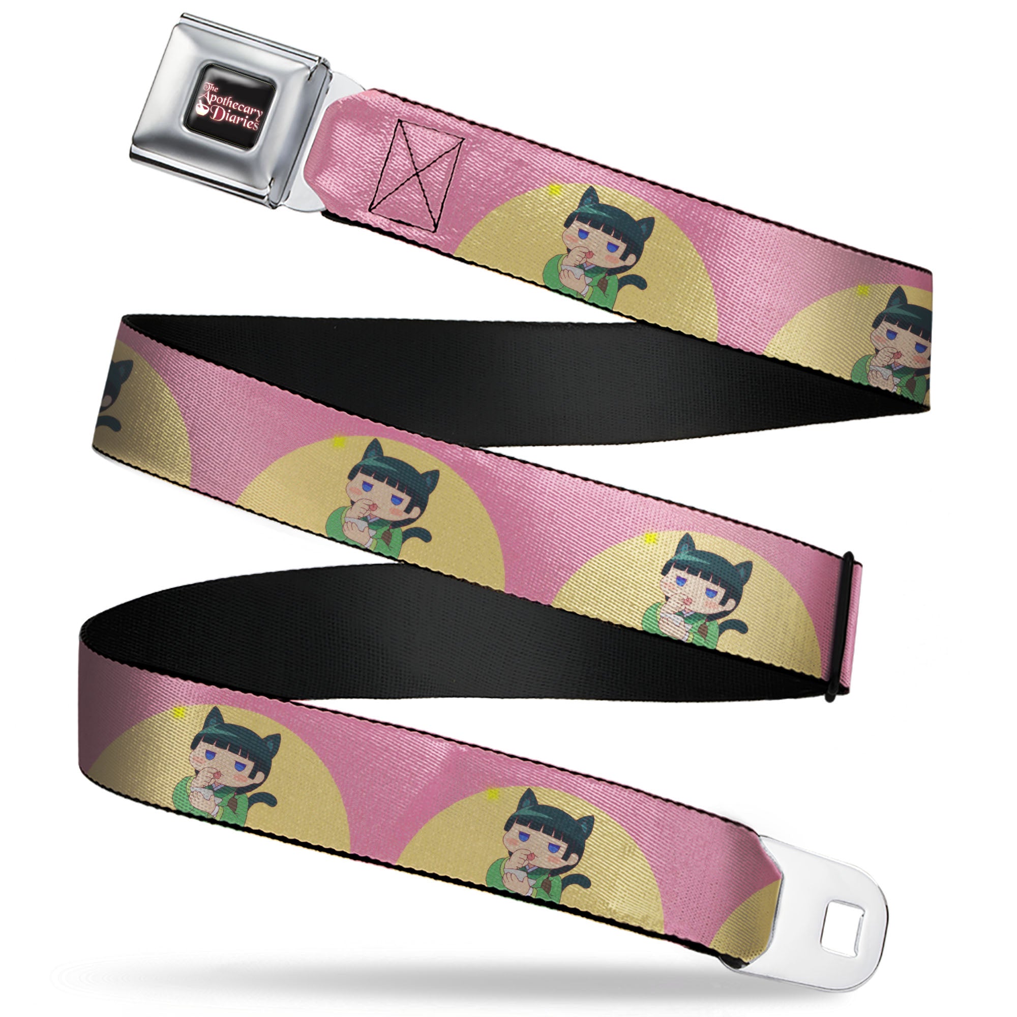 THE APOTHECARY DIARIES Title Logo Full Color Black/Red/White Seatbelt Belt - The Apothecary Diaries Chibi Maomao Cat Pose Pink/Yellow Webbing Seatbelt Belts The Apothecary Diaries