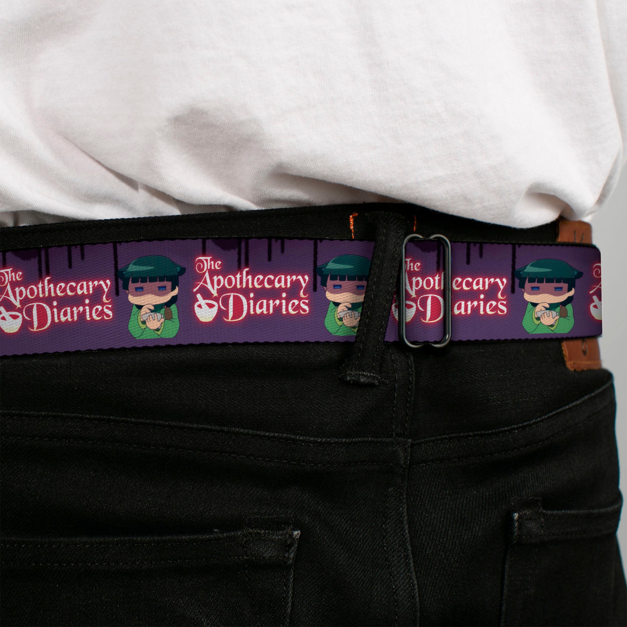 THE APOTHECARY DIARIES Title Logo Full Color Black/Red/White Seatbelt Belt - THE APOTHECARY DIARIES Chibi Maomao Pose and Title Logo Purple Webbing Seatbelt Belts The Apothecary Diaries