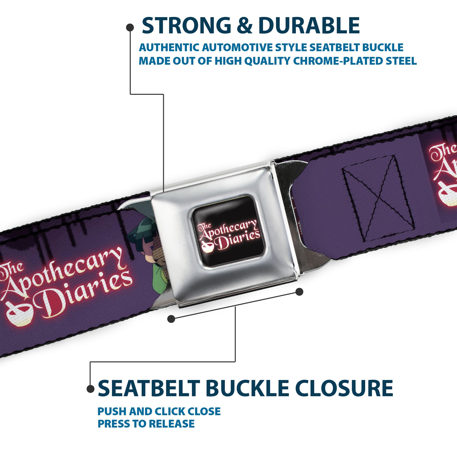 THE APOTHECARY DIARIES Title Logo Full Color Black/Red/White Seatbelt Belt - THE APOTHECARY DIARIES Chibi Maomao Pose and Title Logo Purple Webbing Seatbelt Belts The Apothecary Diaries
