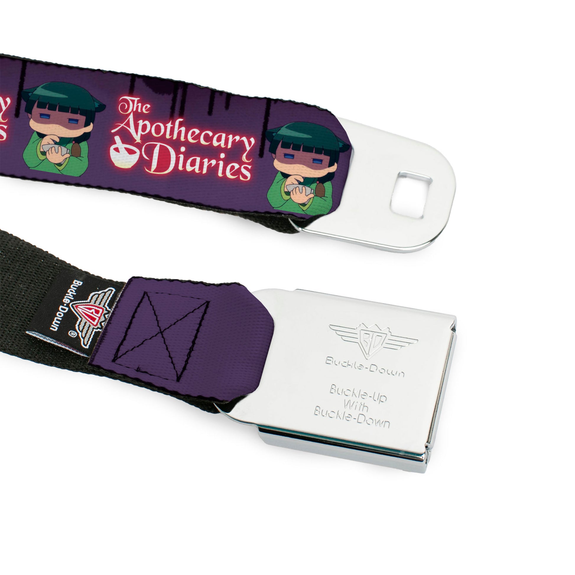 THE APOTHECARY DIARIES Title Logo Full Color Black/Red/White Seatbelt Belt - THE APOTHECARY DIARIES Chibi Maomao Pose and Title Logo Purple Webbing Seatbelt Belts The Apothecary Diaries