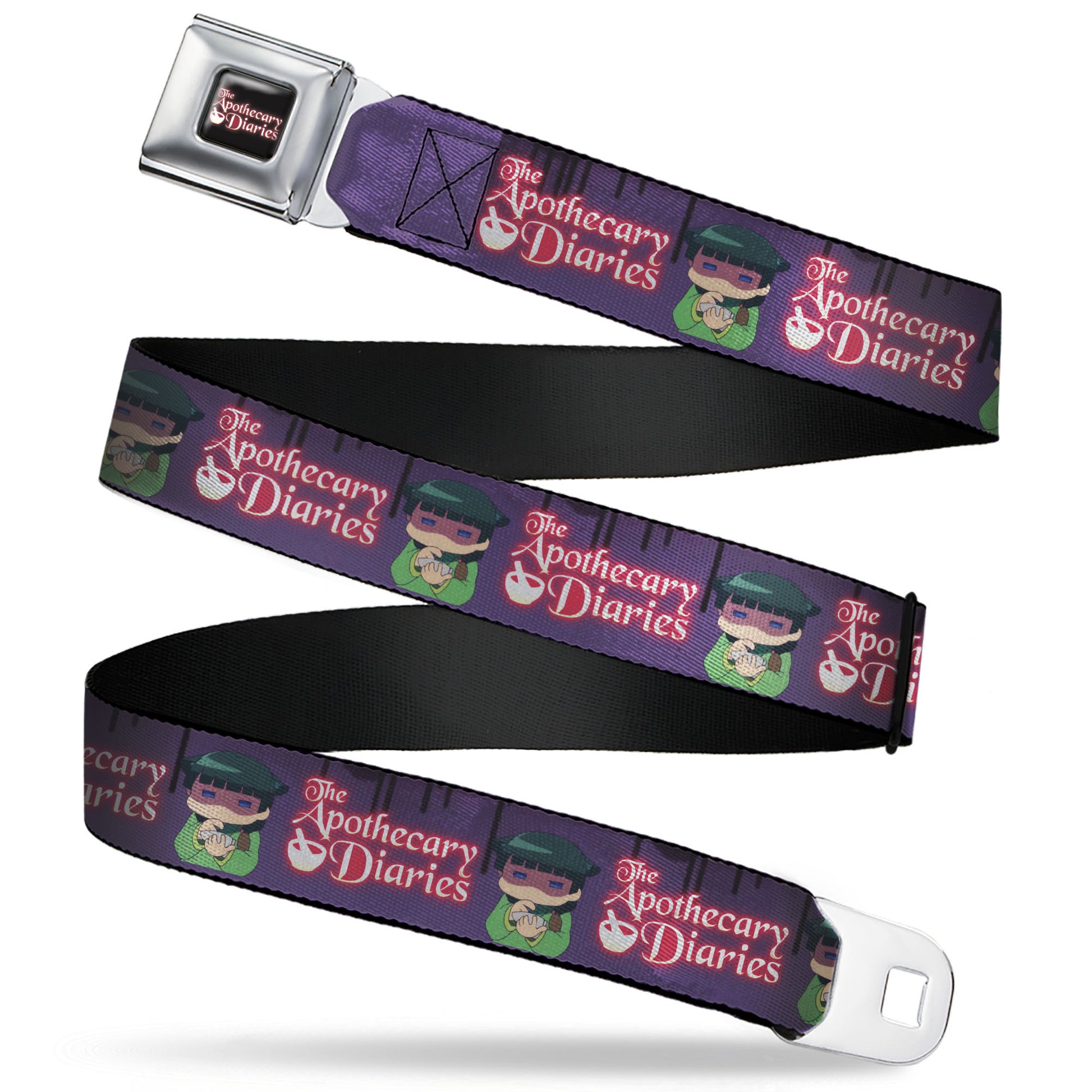 THE APOTHECARY DIARIES Title Logo Full Color Black/Red/White Seatbelt Belt - THE APOTHECARY DIARIES Chibi Maomao Pose and Title Logo Purple Webbing Seatbelt Belts The Apothecary Diaries