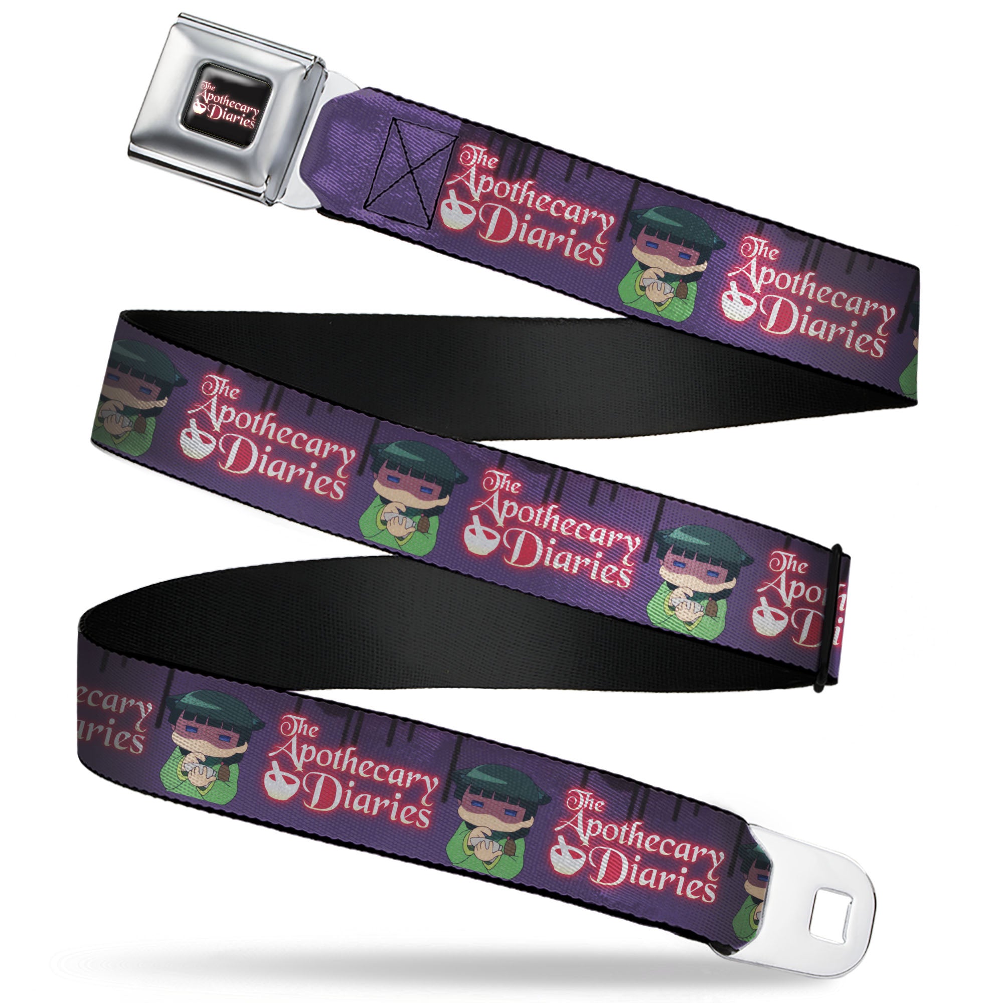 THE APOTHECARY DIARIES Title Logo Full Color Black/Red/White Seatbelt Belt - THE APOTHECARY DIARIES Chibi Maomao Pose and Title Logo Purple Webbing Seatbelt Belts The Apothecary Diaries