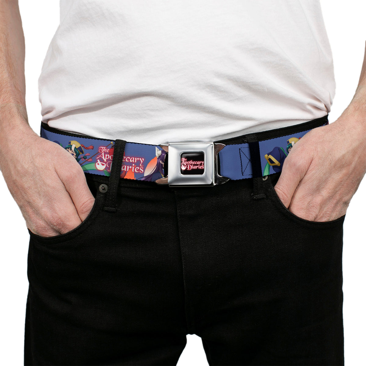 THE APOTHECARY DIARIES Title Logo Full Color Black/Red/White Seatbelt Belt - THE APOTHECARY DIARIES Jinshi and Maomao Pose and Title Logo Purple Webbing Seatbelt Belts The Apothecary Diaries