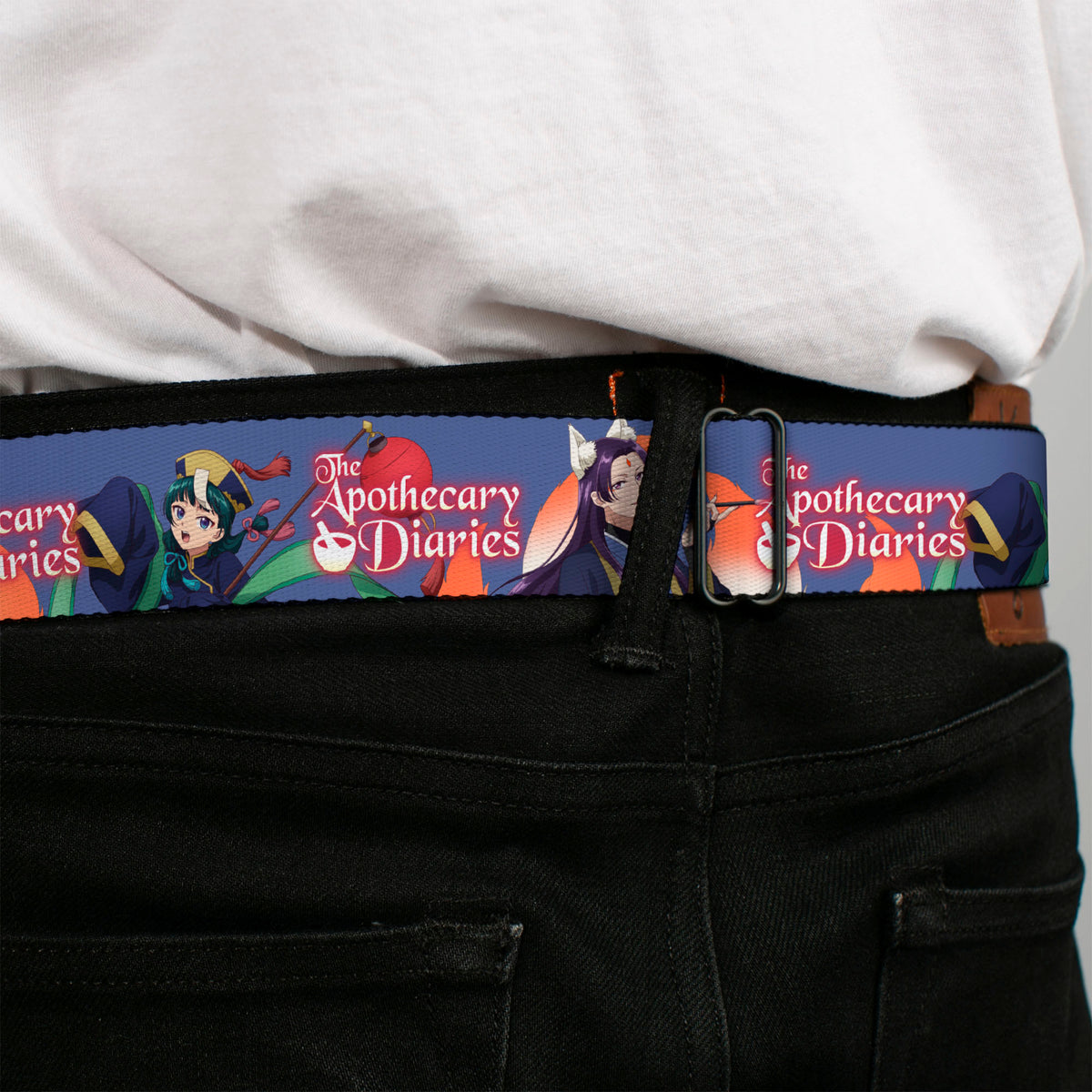 THE APOTHECARY DIARIES Title Logo Full Color Black/Red/White Seatbelt Belt - THE APOTHECARY DIARIES Jinshi and Maomao Pose and Title Logo Purple Webbing Seatbelt Belts The Apothecary Diaries