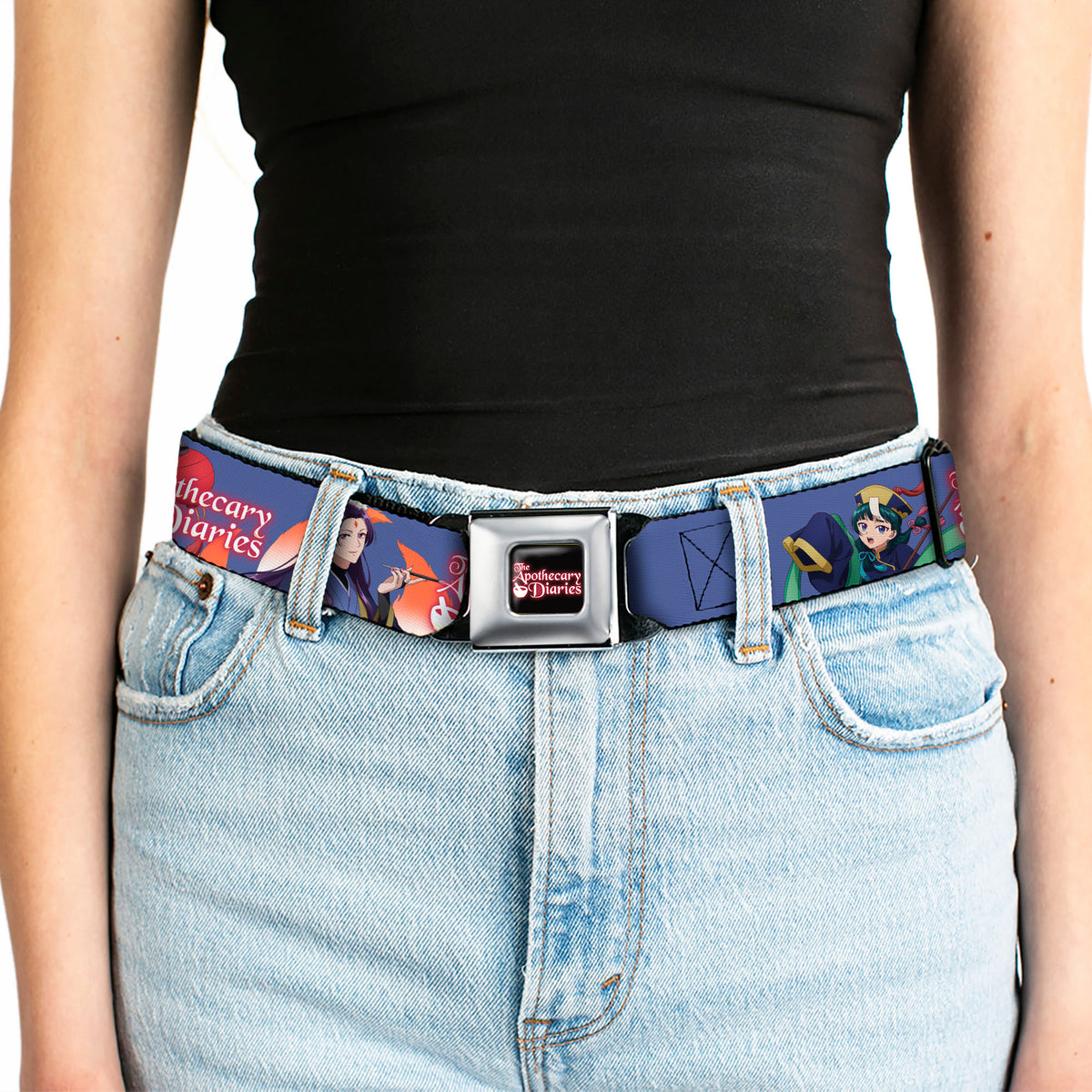 THE APOTHECARY DIARIES Title Logo Full Color Black/Red/White Seatbelt Belt - THE APOTHECARY DIARIES Jinshi and Maomao Pose and Title Logo Purple Webbing Seatbelt Belts The Apothecary Diaries