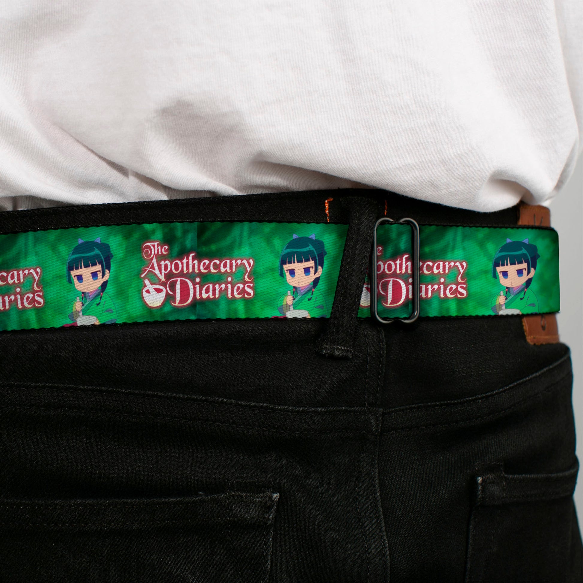 THE APOTHECARY DIARIES Title Logo Full Color Black/Red/White Seatbelt Belt - THE APOTHECARY DIARIES Maomao Grinding Pose and Title Logo Greens Webbing Seatbelt Belts The Apothecary Diaries