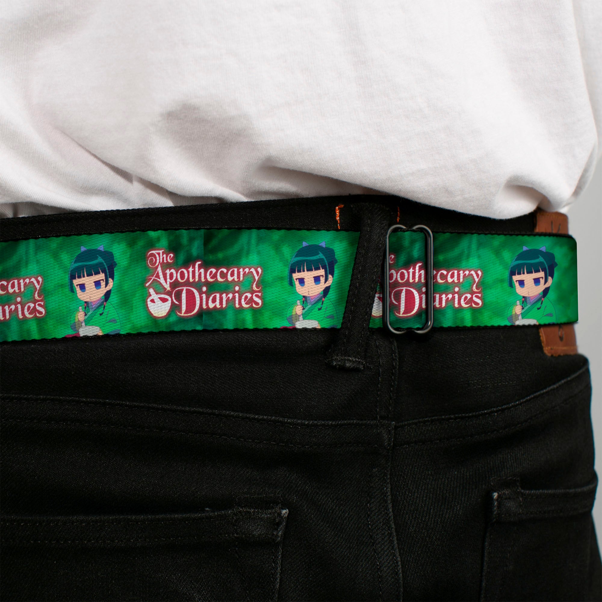 THE APOTHECARY DIARIES Title Logo Full Color Black/Red/White Seatbelt Belt - THE APOTHECARY DIARIES Maomao Grinding Pose and Title Logo Greens Webbing Seatbelt Belts The Apothecary Diaries