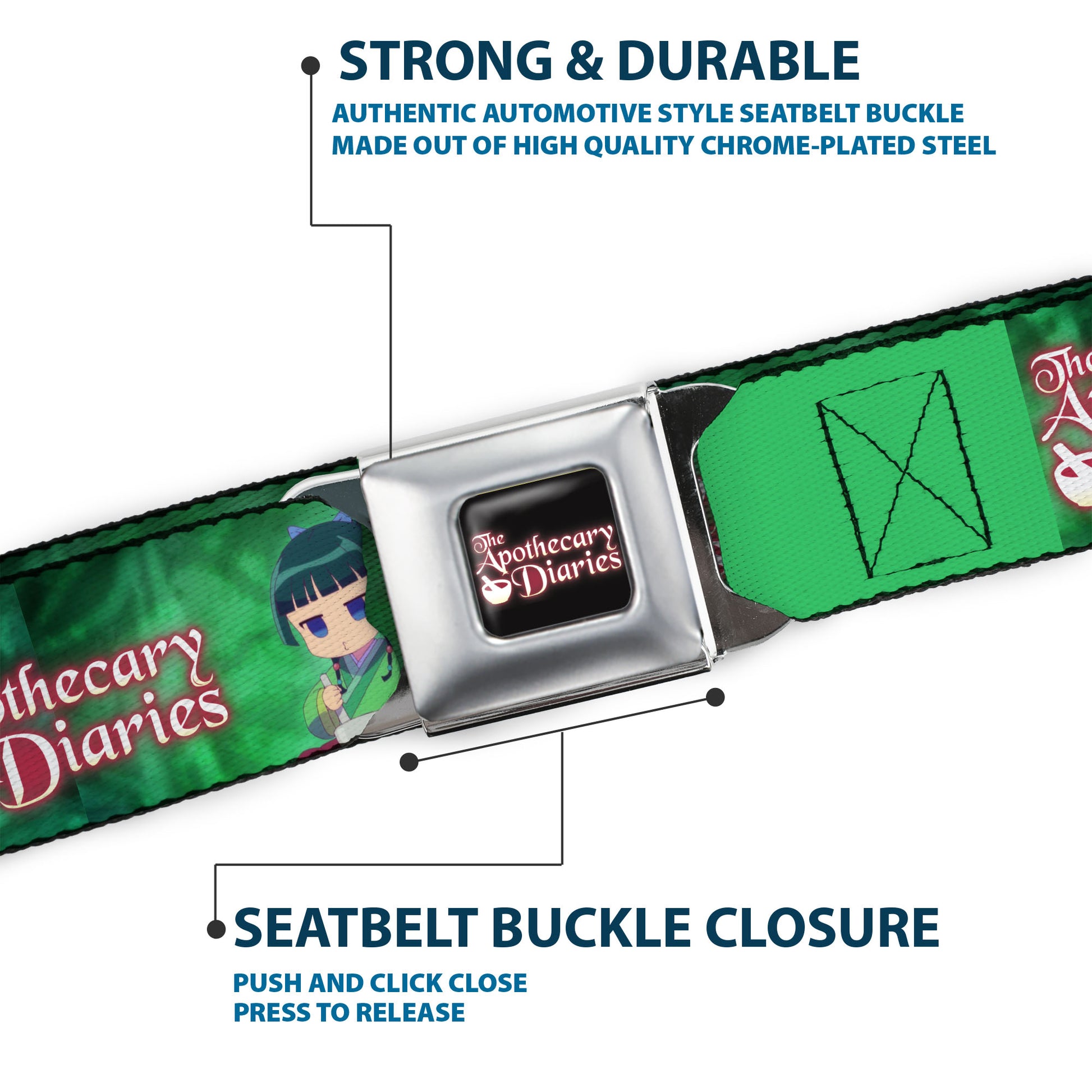 THE APOTHECARY DIARIES Title Logo Full Color Black/Red/White Seatbelt Belt - THE APOTHECARY DIARIES Maomao Grinding Pose and Title Logo Greens Webbing Seatbelt Belts The Apothecary Diaries