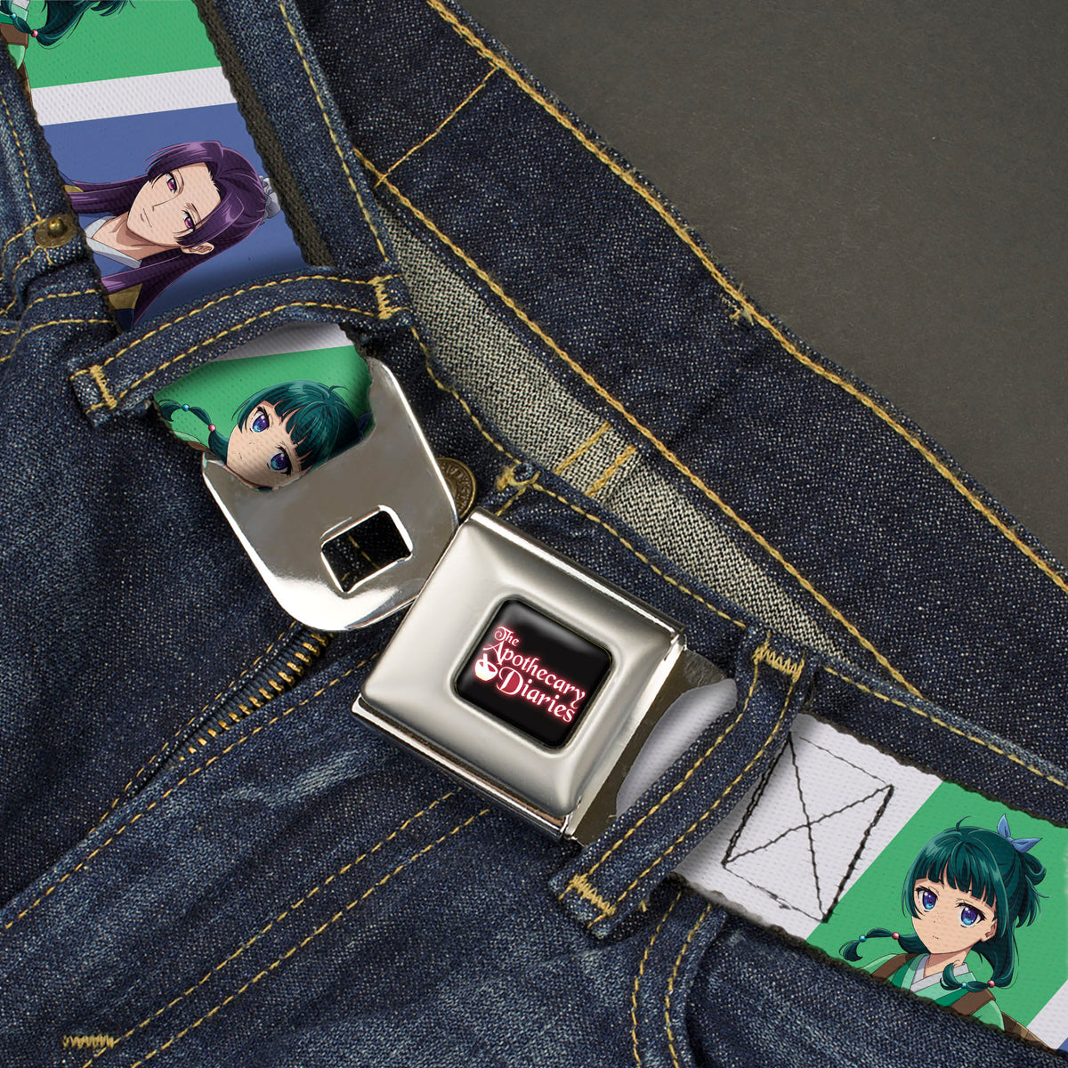 THE APOTHECARY DIARIES Title Logo Full Color Black/Red/White Seatbelt Belt - The Apothecary Diaries Jinshi and Maomao Pose Blocks White/Blue/Green Webbing Seatbelt Belts The Apothecary Diaries